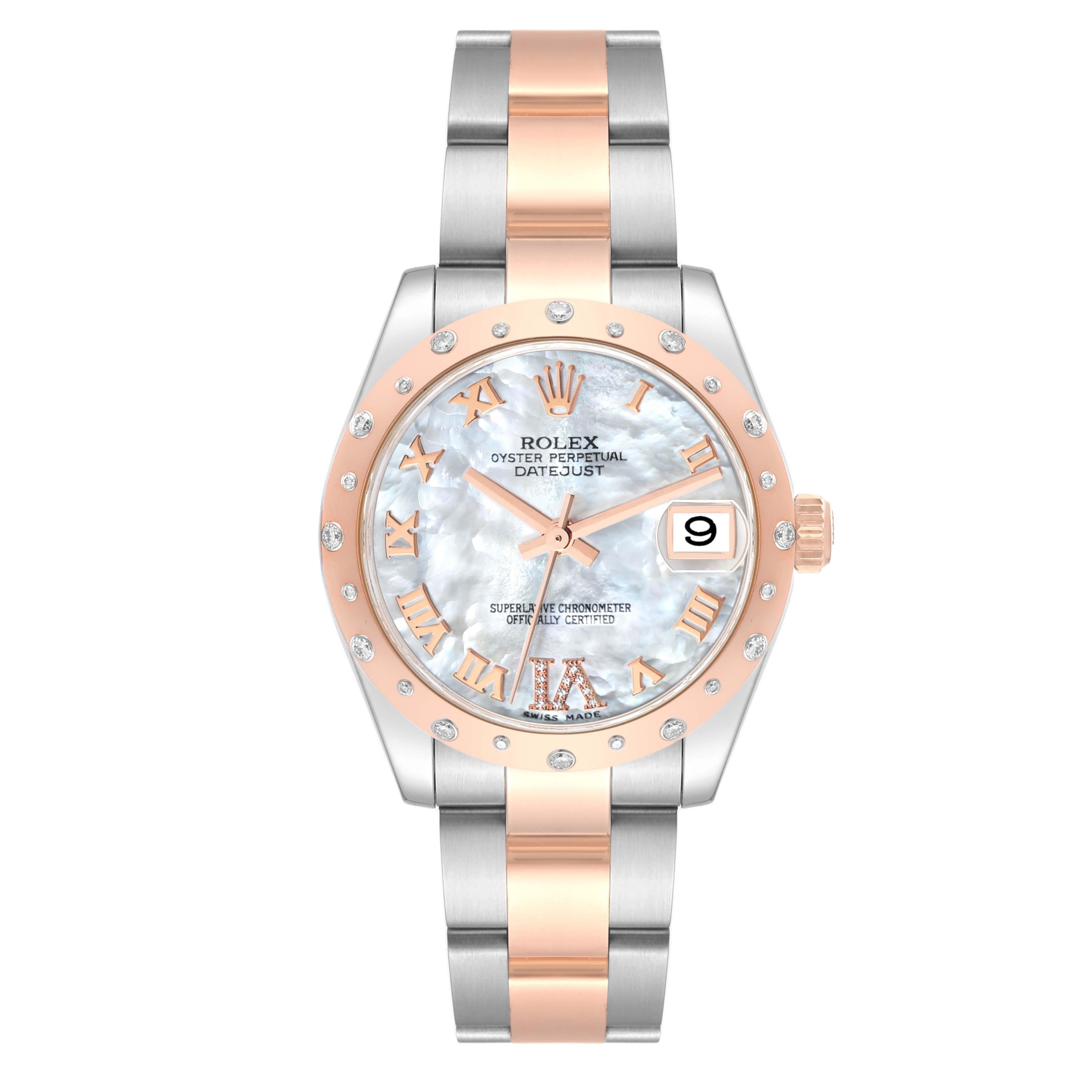 Rolex Datejust 31 Midsize Steel Rose Gold Mother Of Pearl Diamond Ladies Watch 178341. Mouvement à remontage automatique certifié officiellement chronomètre. Boîtier en acier inoxydable et en or rose 18 carats de 31 mm de diamètre. Logo Rolex sur