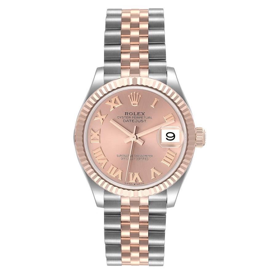 Rolex Datejust 31 Midsize Steel Rose Gold Rose Dial Ladies Watch 278271. Officially certified chronometer self-winding movement. Stainless steel oyster case 31 mm in diameter. Rolex logo on 18K rose gold crown. 18k rose gold fluted bezel. Scratch