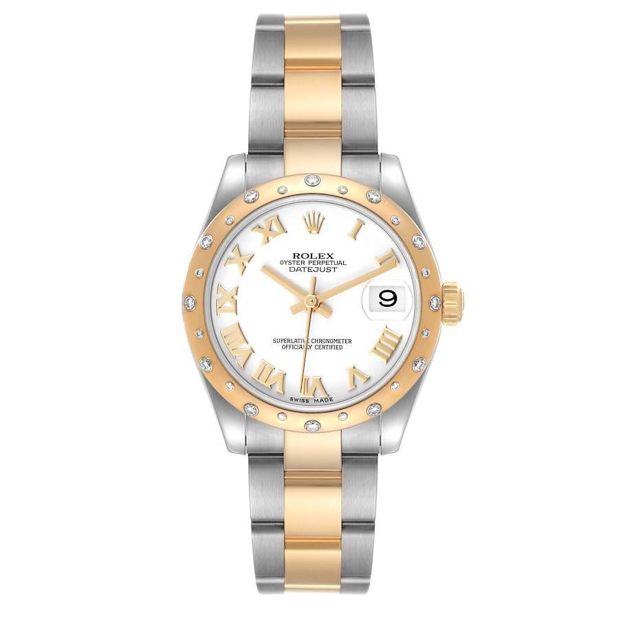 Rolex Datejust 31 Midsize Steel Yellow Gold Diamond Ladies Watch 178343 Box Card. Officially certified chronometer automatic self-winding movement. Stainless steel and 18K yellow gold oyster case 31.0 mm in diameter. Rolex logo on the crown. 18k