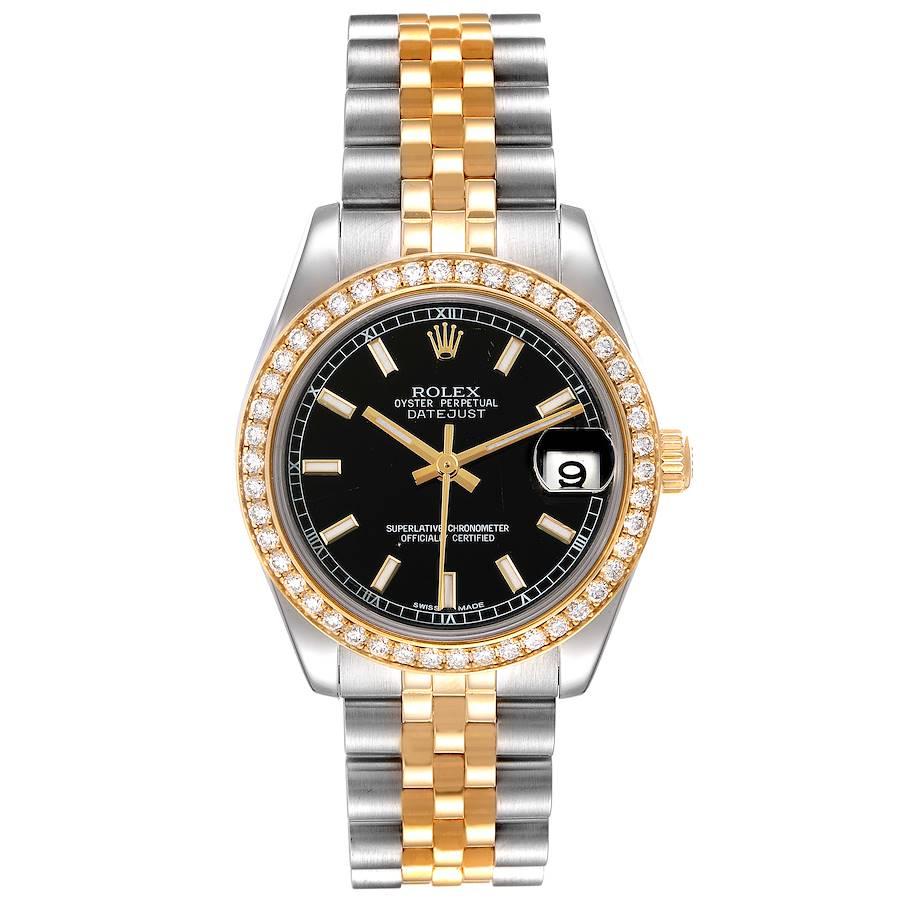 Rolex Datejust 31 Midsize Steel Yellow Gold Diamond Watch 178383 Box Card. Officially certified chronometer self-winding movement. Stainless steel and 18K yellow gold oyster case 31.0 mm in diameter. Rolex logo on a crown. Original Rolex factory