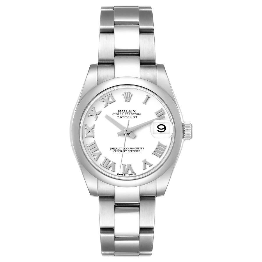 Rolex Datejust 31 Midsize White Dial Smooth Bezel Steel Ladies Watch 178240. Officially certified chronometer automatic self-winding movement with quickset date function. Stainless steel oyster case 31.0 mm in diameter. Rolex logo on the crown.