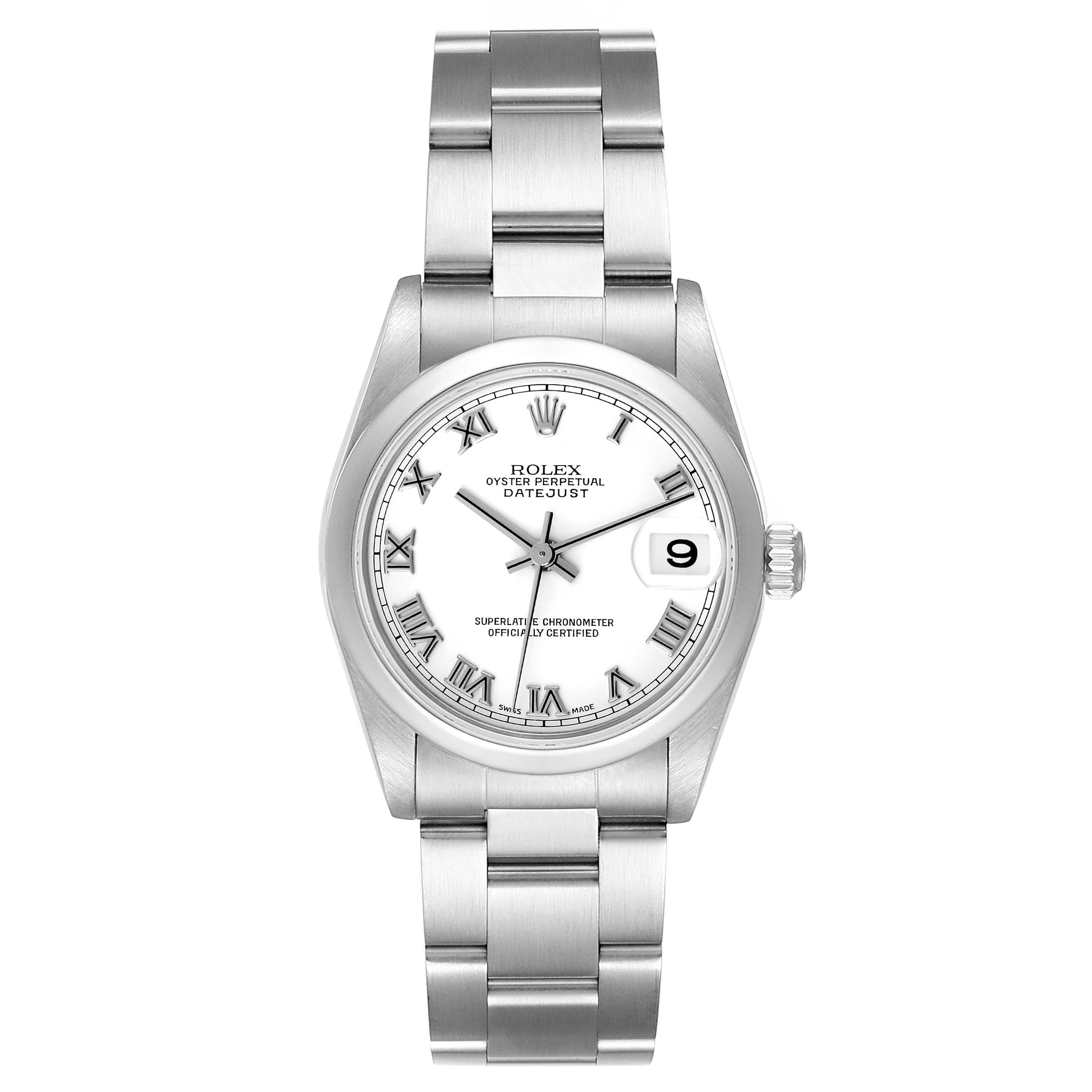 Rolex Datejust 31 Midsize White Roman Dial Steel Ladies Watch 78240 Box Papers. Officially certified chronometer self-winding movement. Stainless steel oyster case 31 mm in diameter. Rolex logo on a crown. Stainless steel smooth domed bezel. Scratch