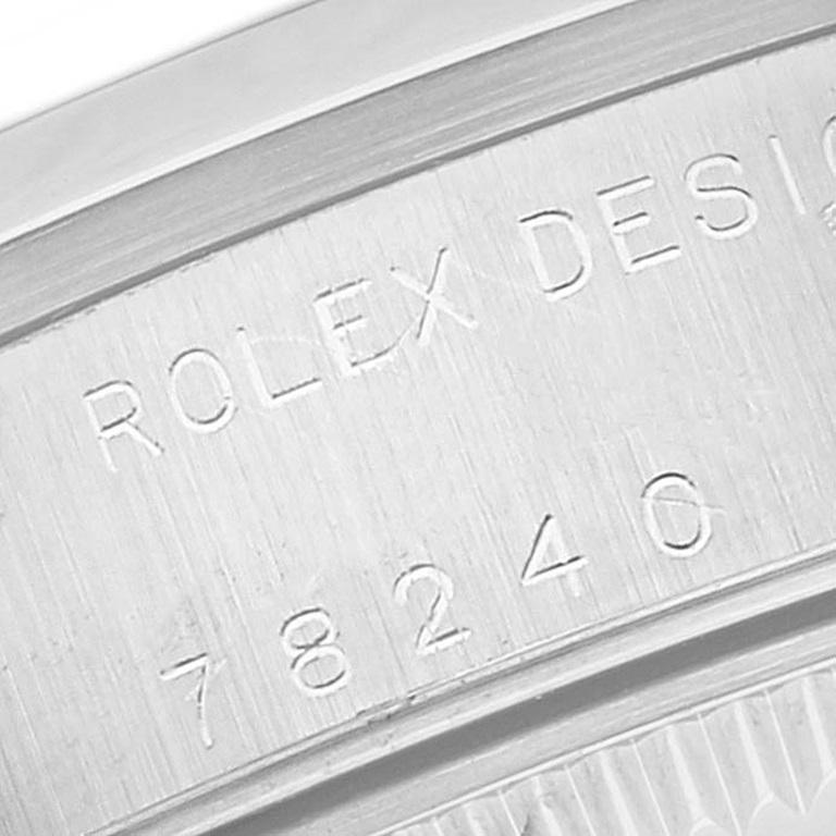 Rolex Datejust 31 Midsize White Roman Dial Steel Damenuhr 78240. Offiziell zertifiziertes Chronometerwerk mit automatischem Aufzug. Austerngehäuse aus Edelstahl mit einem Durchmesser von 31 mm. Rolex Logo auf einer Krone. Glatte, gewölbte Lünette
