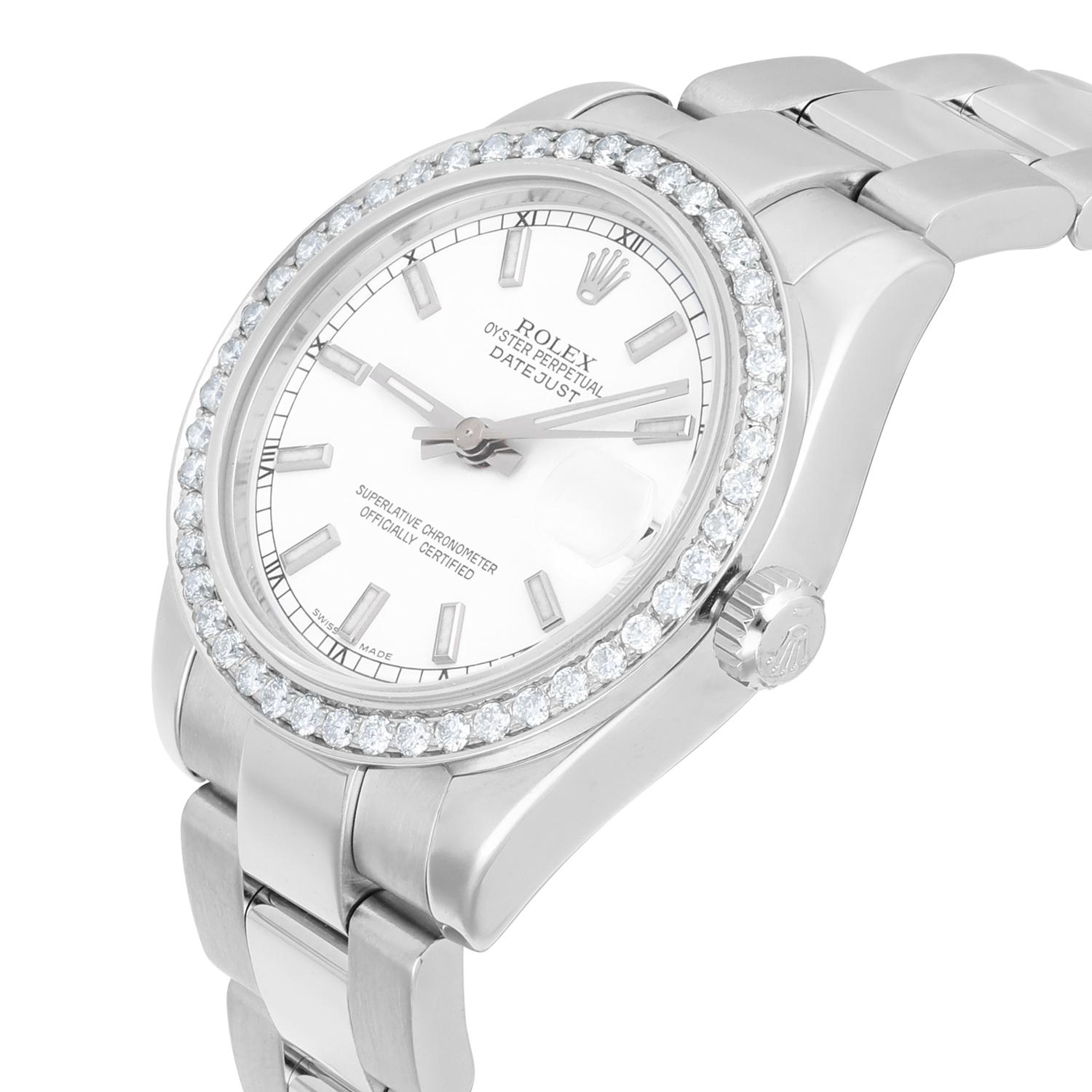 Women's Rolex Datejust 31 Stainless Steel White Dial with Diamond Bezel Watch 178240 For Sale