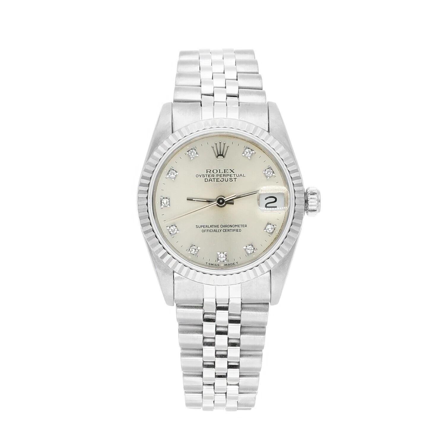 Rolex Datejust 31mm Silver Diamond Dial Stainless Steel Watch White Gold Bezel, Circa 1990.
This watch has been professionally polished, serviced and is in excellent overall condition. There are absolutely no visible scratches or blemishes.