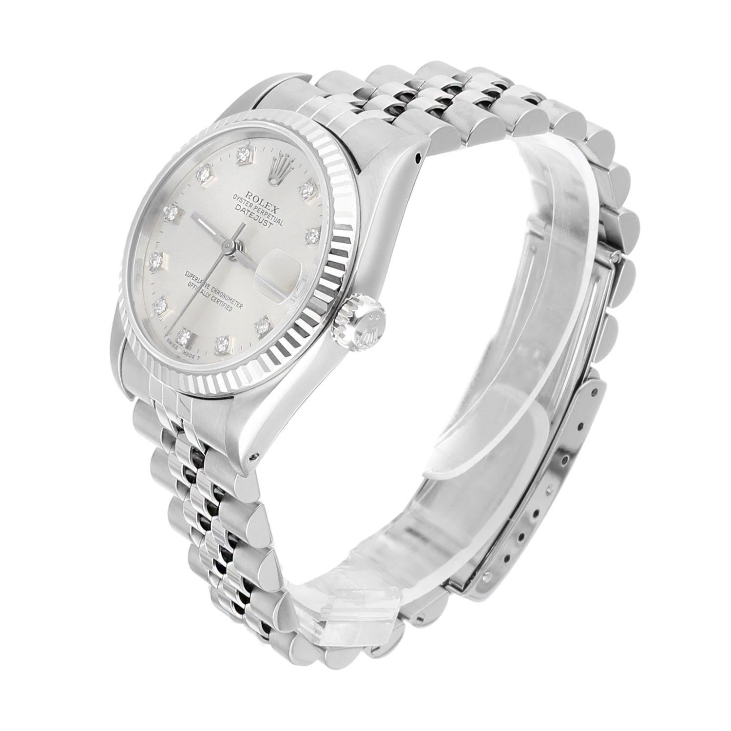Women's Rolex Datejust 31 Silver Diamond Dial Stainless Steel Watch White Gold Bezel For Sale