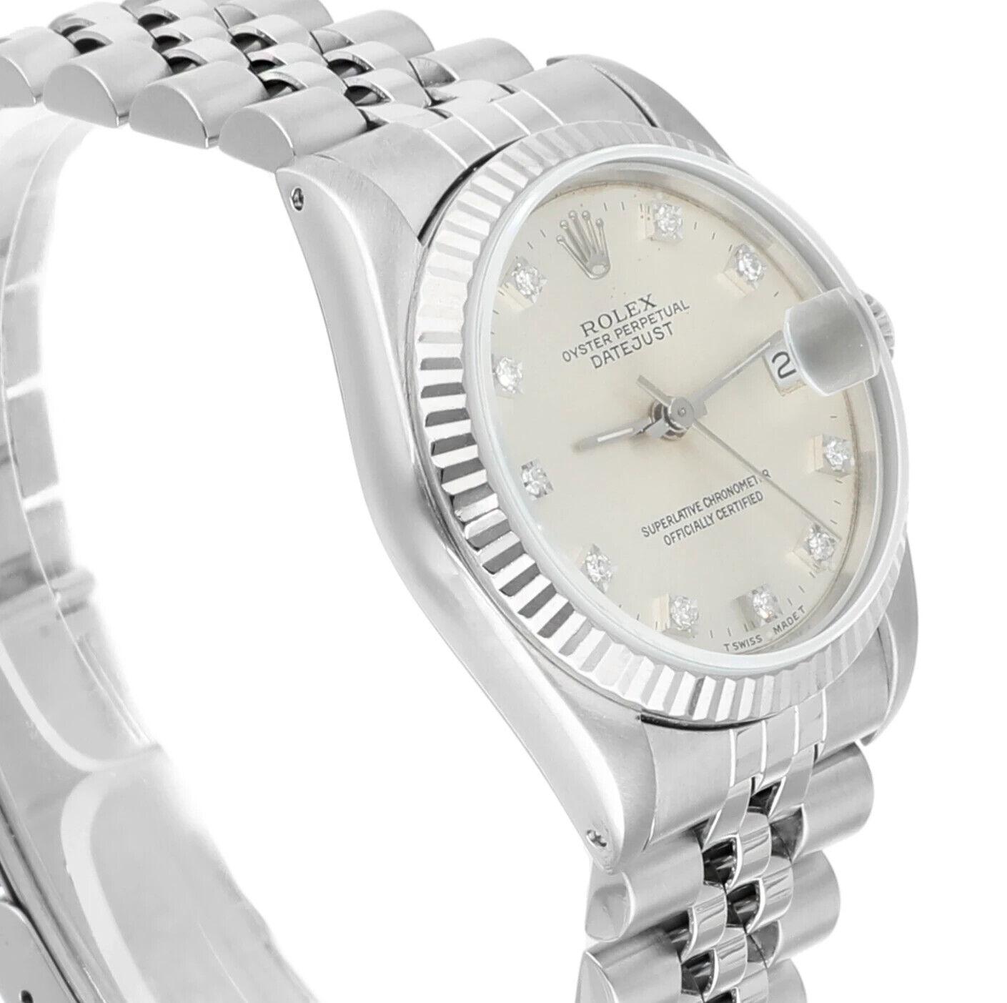 Rolex Datejust 31 Silver Diamond Dial Stainless Steel Watch White Gold Bezel For Sale 1