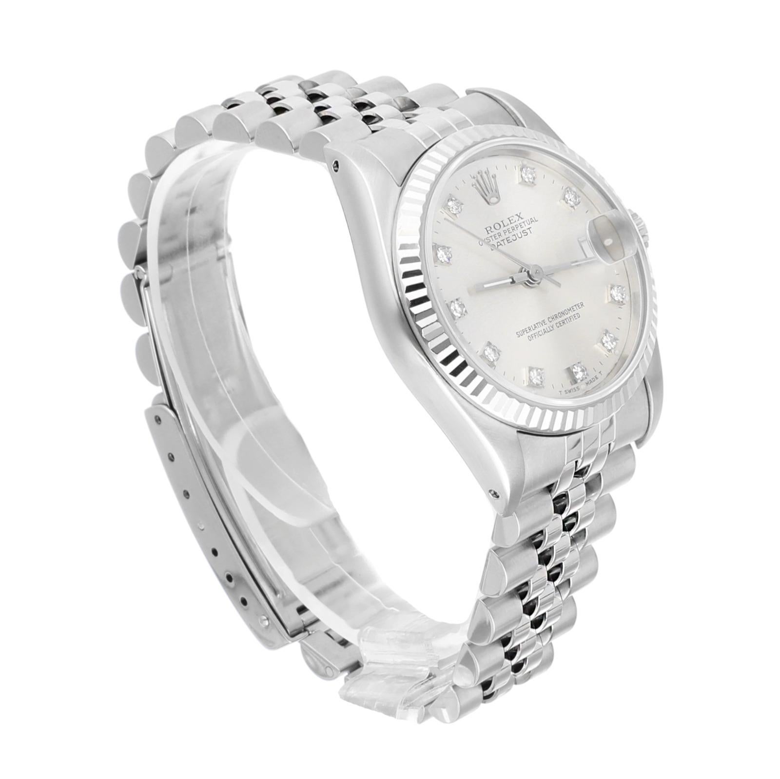 Rolex Datejust 31 Silver Diamond Dial Stainless Steel Watch White Gold Bezel For Sale 2