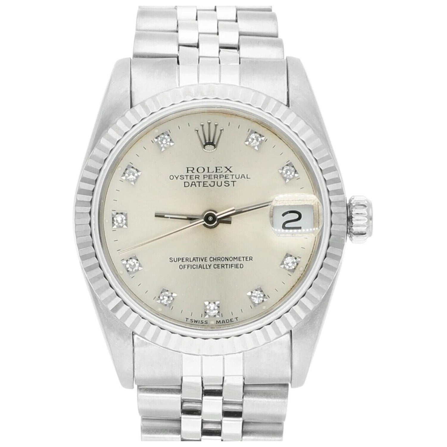 Rolex Datejust 31 Silver Quadrante diamantato Orologio in acciaio inossidabile Lunetta in oro bianco in vendita
