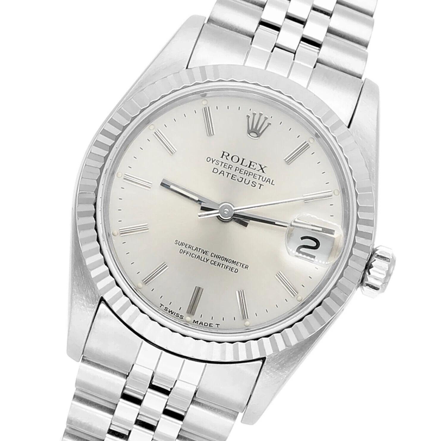 Rolex Datejust 31 Silver Index Dial Stainless Steel Watch White Gold Bezel 68274 In Excellent Condition For Sale In New York, NY