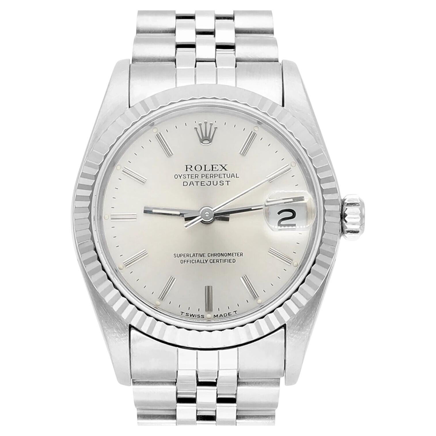 Rolex Datejust 31 Silver Index Dial Stainless Steel Watch White Gold Bezel 68274 For Sale