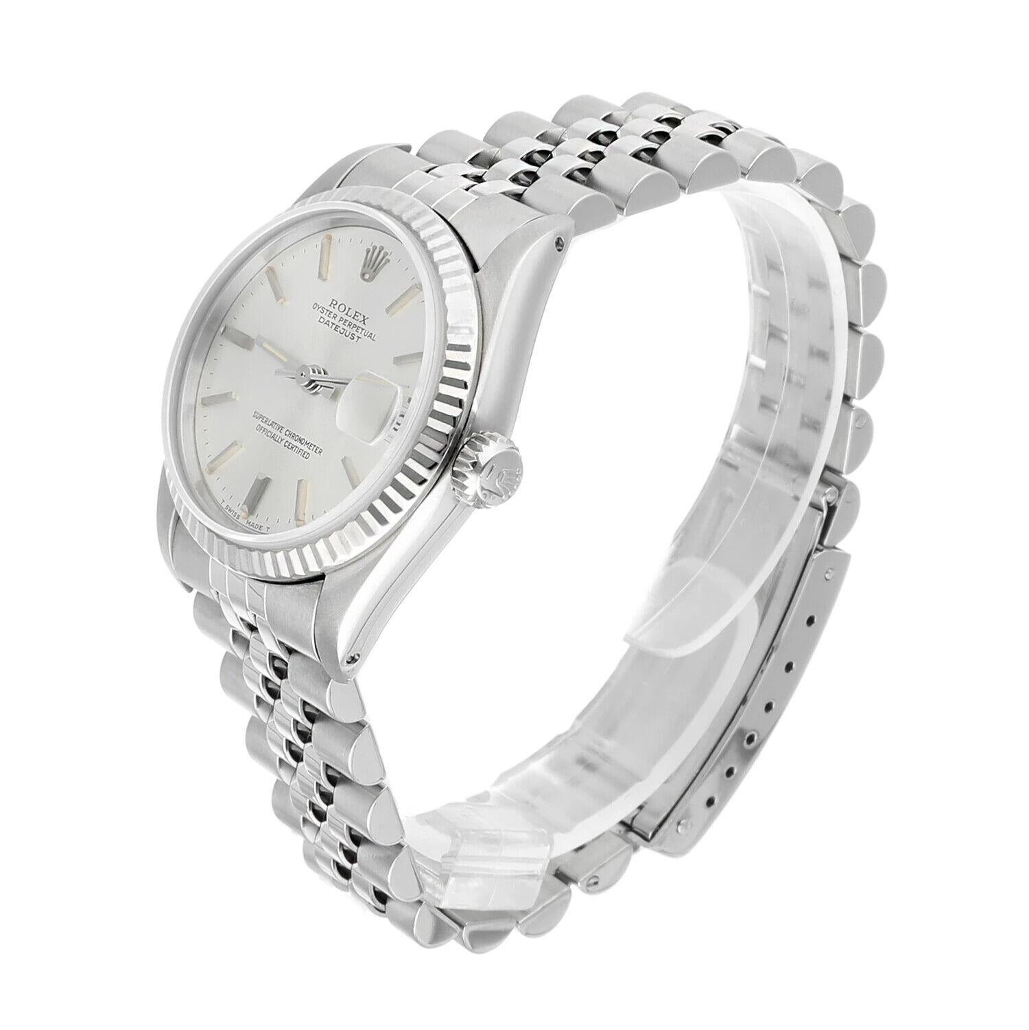 Women's Rolex Datejust 31 Silver Stick Dial Stainless Steel Watch White Gold Bezel 68274 For Sale