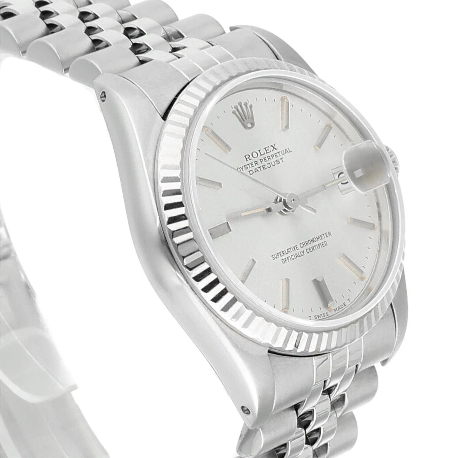 Rolex Datejust 31 Silber Stick Zifferblatt Edelstahl Uhr Weißgold Lünette 68274 Damen im Angebot