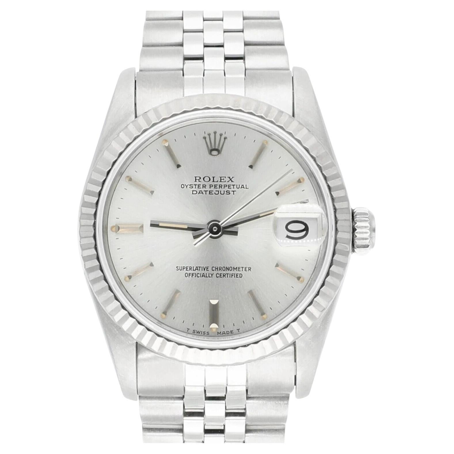 Rolex Datejust 31 Silver Stick Dial Stainless Steel Watch White Gold Bezel 68274 For Sale