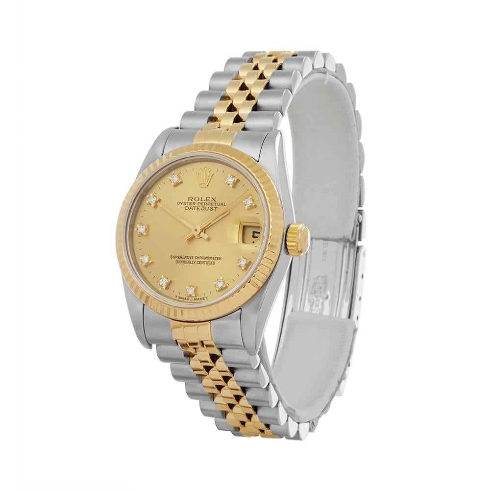 Xupes Ref: W4694
Manufacturer: Rolex
Model: Datejust
Model Ref: 68273
Age: Circa 1993
Gender: Women's
Box and Papers: Box Only
Dial: Champagne Diamond Markers
Glass: Sapphire Crystal
Movement: Automatic
Water Resistance: To Manufacturers
