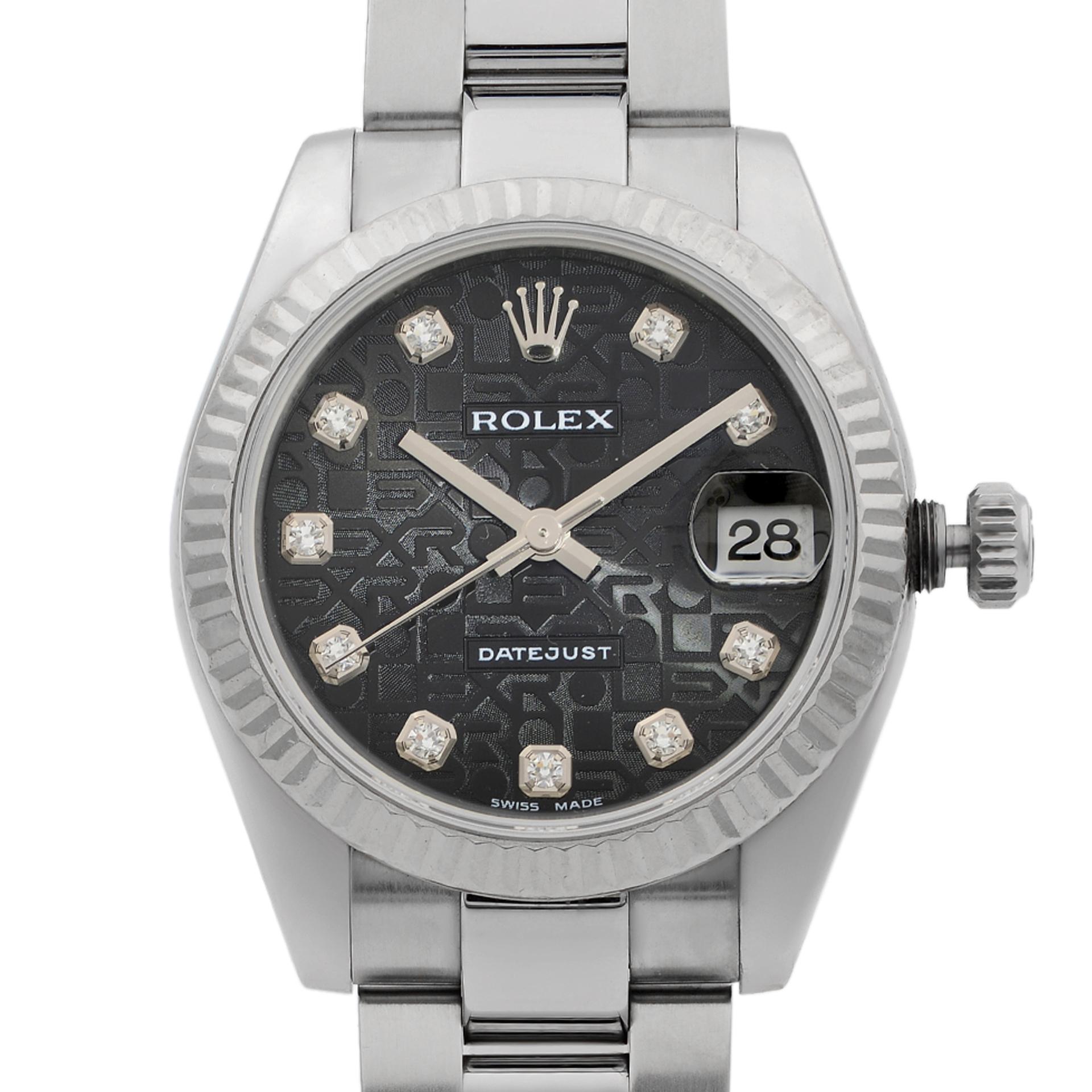 This pre-owned Rolex Datejust  178274 is a beautiful Ladie's timepiece that is powered by a mechanical (automatic) movement which is cased in a stainless steel case. It has a round shape face, date indicator dial, and has hand diamonds style