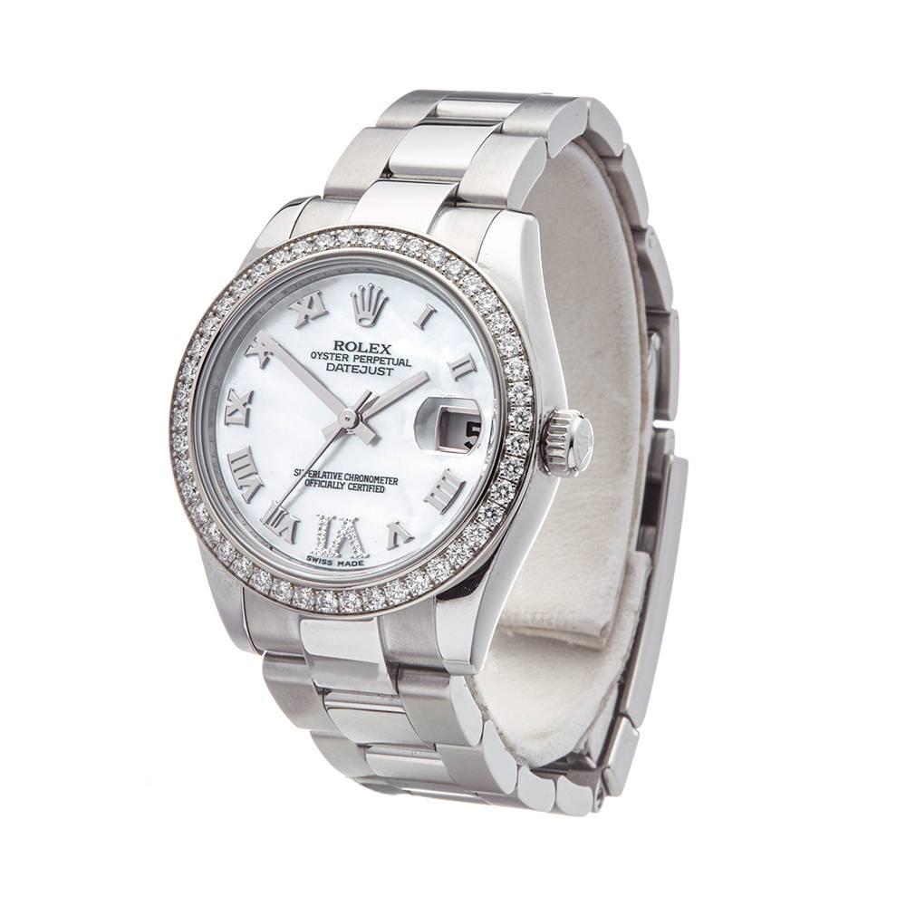 Xupes Ref: W4677
Manufacturer: Rolex
Model: Datejust
Model Ref: 178384
Age: 20th September 2011
Gender: Women's
Box and Papers: Box, Manuals & Guarantee
Dial: Mother Of Pearl Roman
Glass: Sapphire Crystal
Movement: Automatic
Water Resistance: To