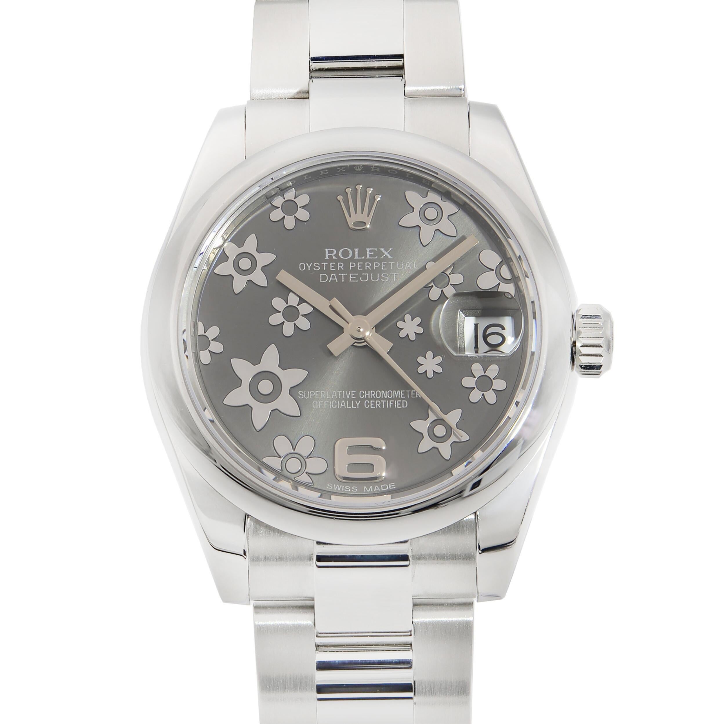 This pre-owned Rolex Datejust 178240RFO is a beautiful Ladie's timepiece that is powered by a mechanical (automatic) movement which is cased in a stainless steel case. It has a round shape face, date indicator dial, and has hand Arabic numerals,