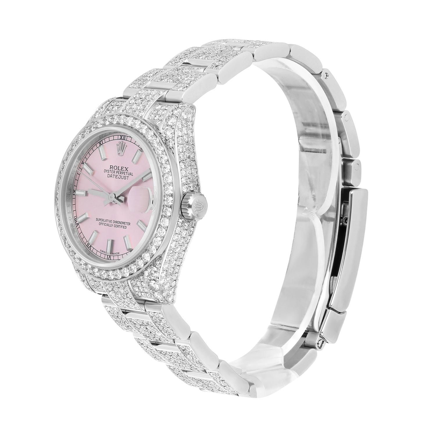 Rolex Datejust 31 Steel Iced Out Pink Dial Oyster Band Ladies Watch 178240 In Excellent Condition For Sale In New York, NY