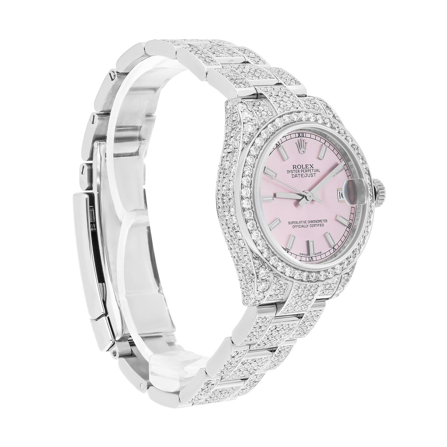 Rolex Datejust 31 Steel Iced Out Pink Dial Oyster Band Ladies Watch 178240 For Sale 1