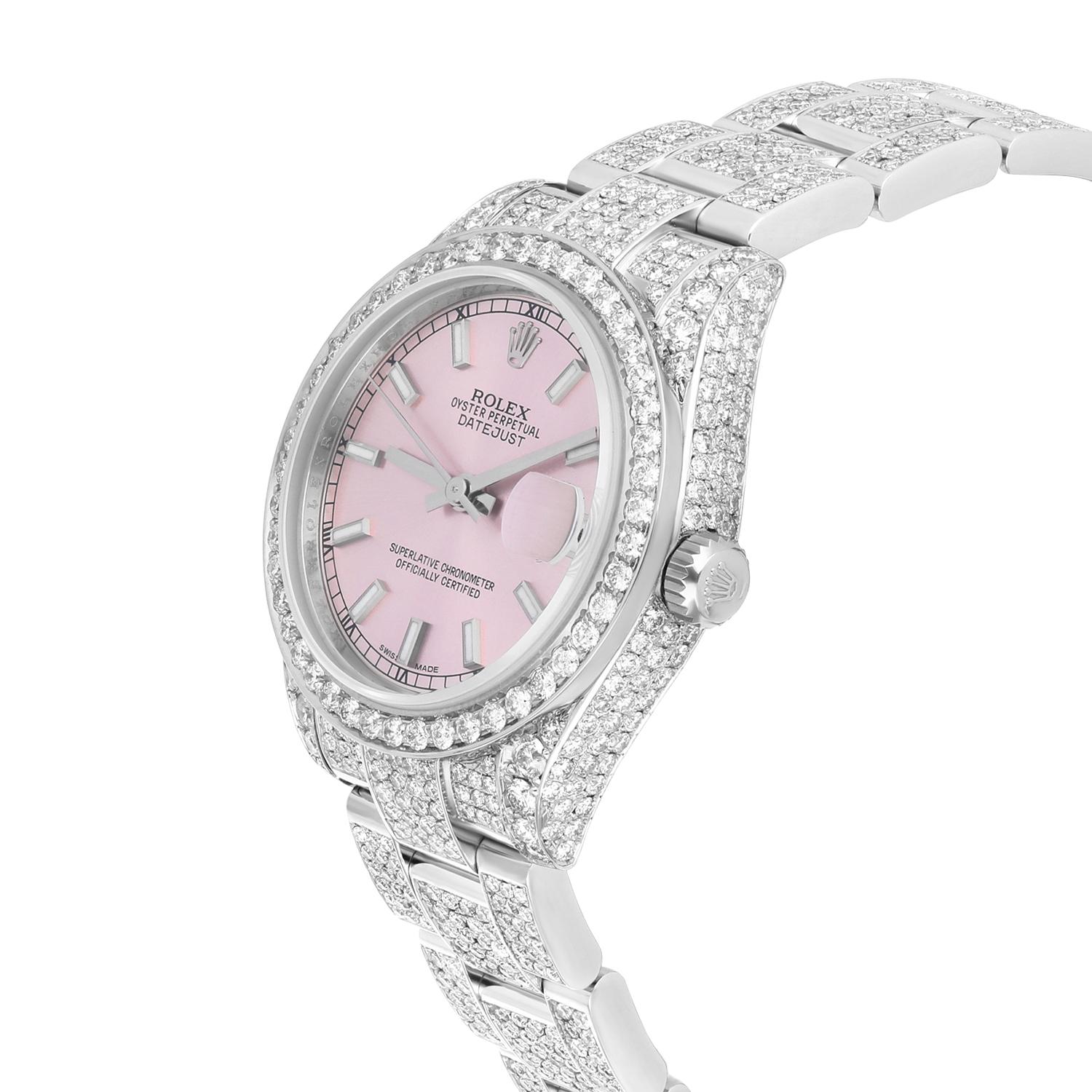 Rolex Datejust 31 Steel Iced Out Pink Dial Oyster Band Ladies Watch 178240 For Sale 2