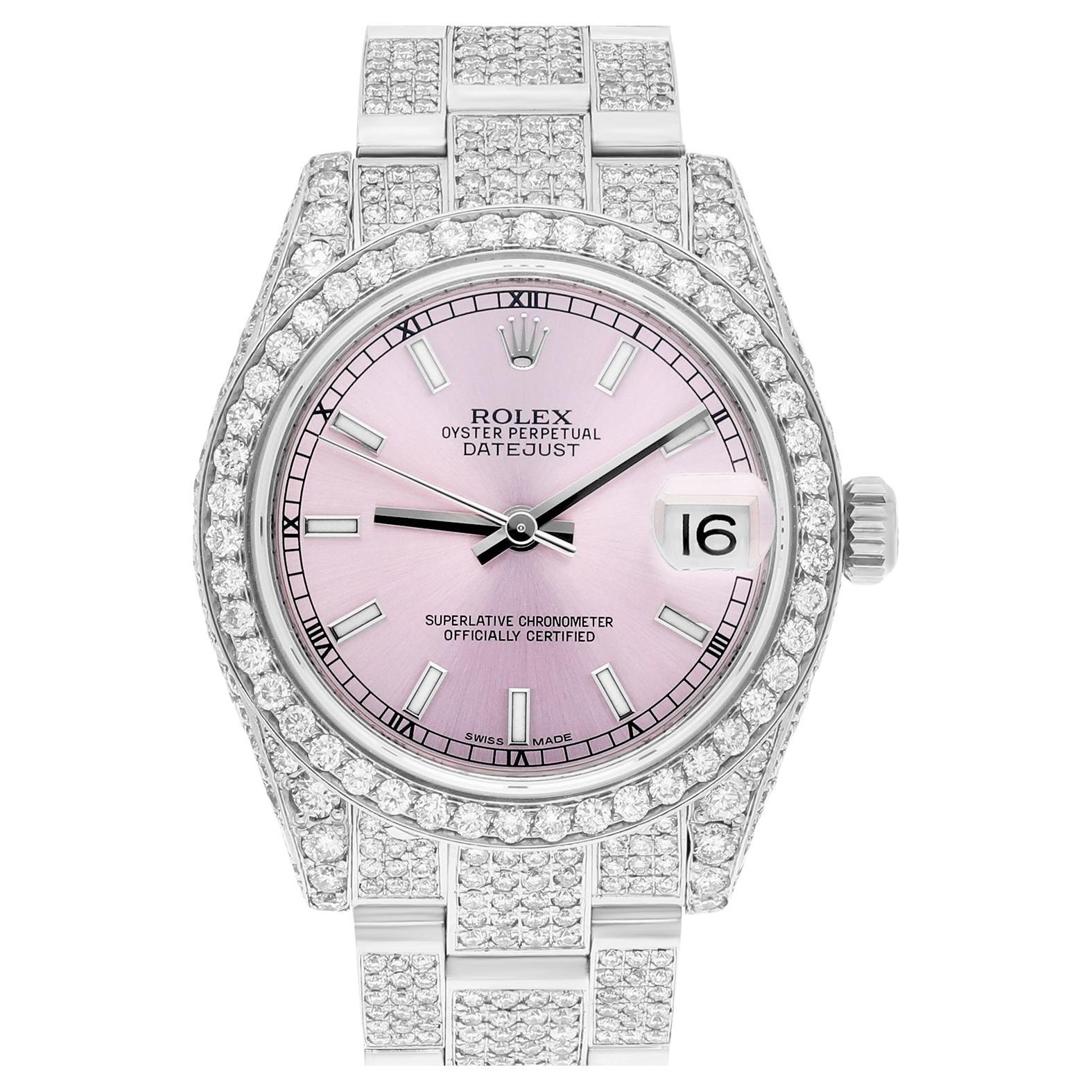 Rolex Datejust 31 Steel Iced Out Pink Dial Oyster Band Ladies Watch 178240