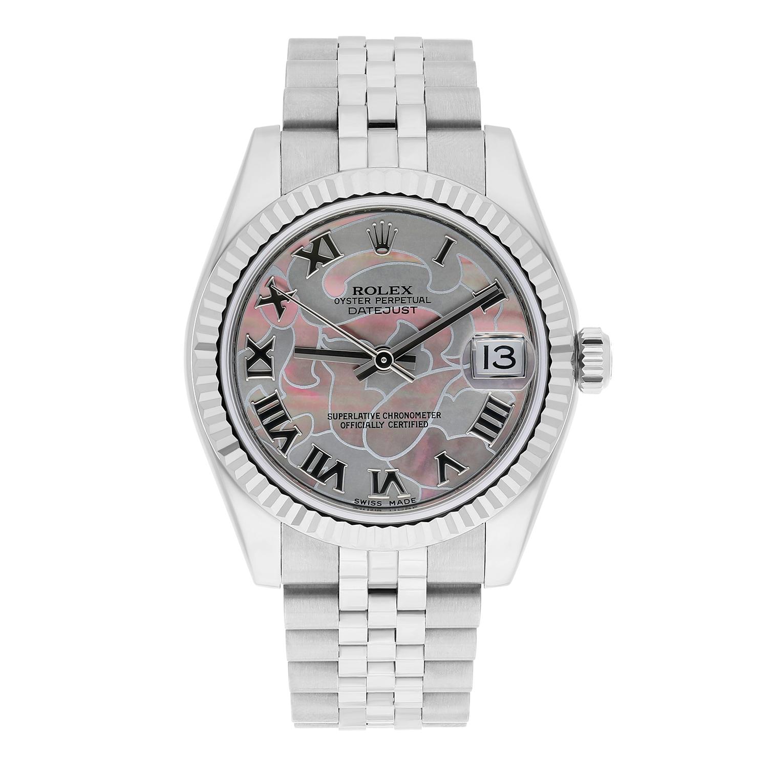 The Rolex Datejust 31 178274 collection of women's fine watches are designed with a solid 18k white gold fluted bezel that is set on an Oystersteel stainless steel case with either a jubilee bracelet or oyster bracelet. The iconic cyclops lens over