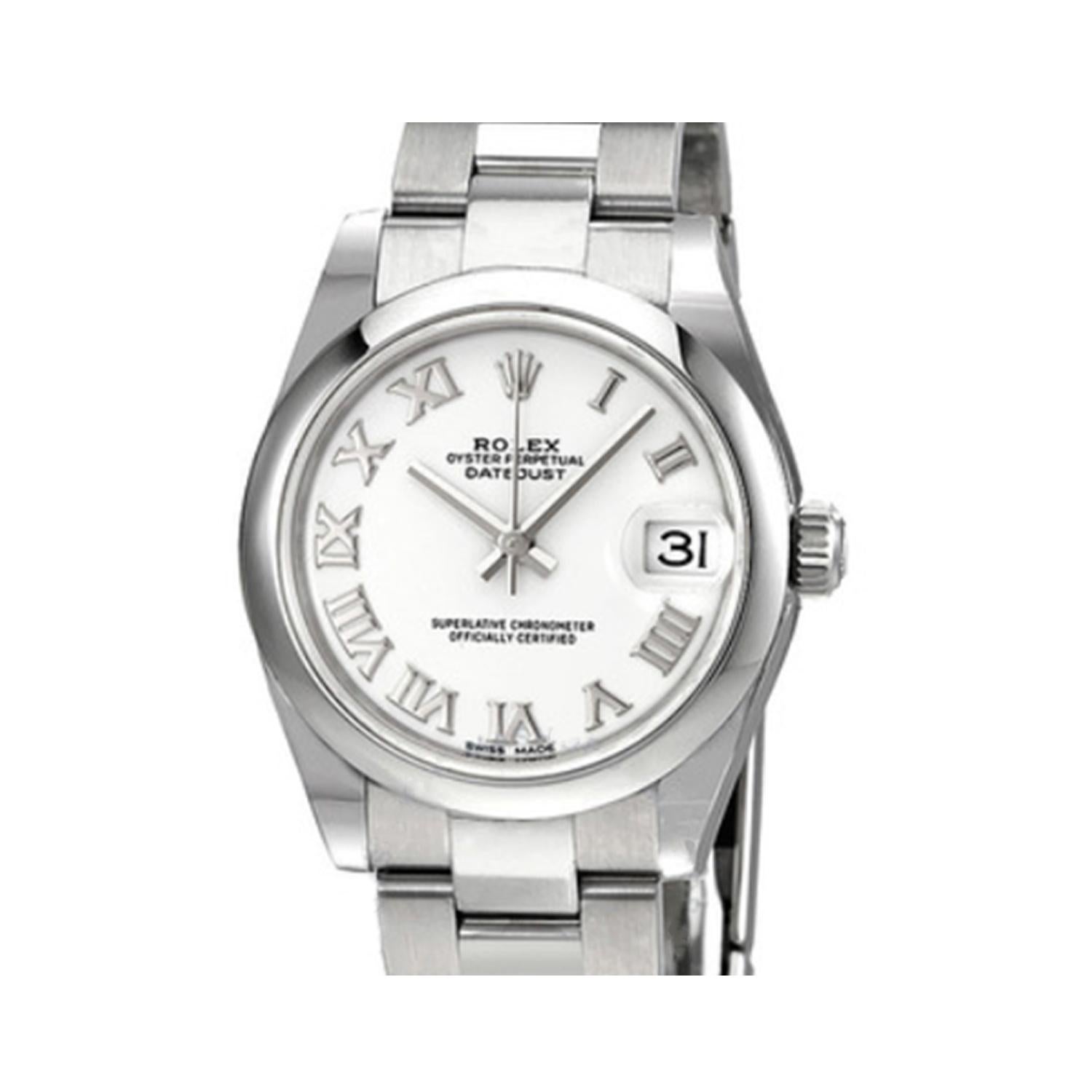This brand new Rolex Datejust 31 178240 is a beautiful Unisex timepiece that is powered by mechanical (automatic) movement which is cased in a stainless steel case. It has a round shape face, date indicator dial and has hand roman numerals style