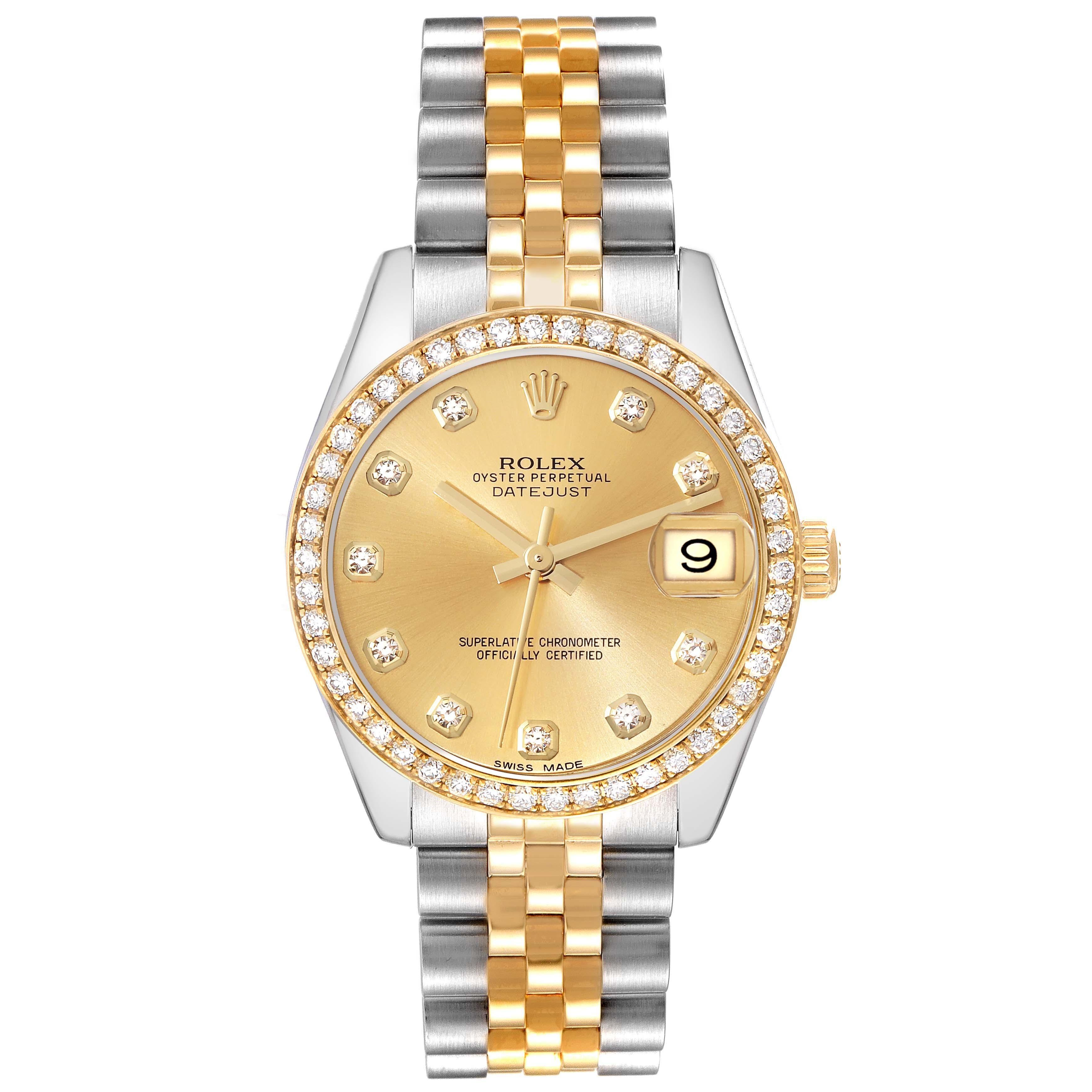 Rolex Datejust 31 Steel Yellow Gold Diamond Ladies Watch 178383 Box Card. Officially certified chronometer self-winding movement. Stainless steel and 18K yellow gold oyster case 31.0 mm in diameter. Rolex logo on a crown. Original Rolex factory