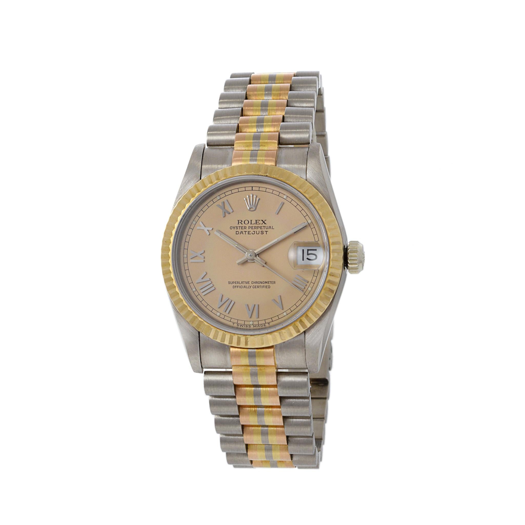 The Rolex 68279BIC Tridor with tri tone presidential bracelet is a distinguished timepiece that combines the hallmark precision of Rolex with luxurious design elements. As part of the iconic Datejust collection, this model exemplifies elegance and