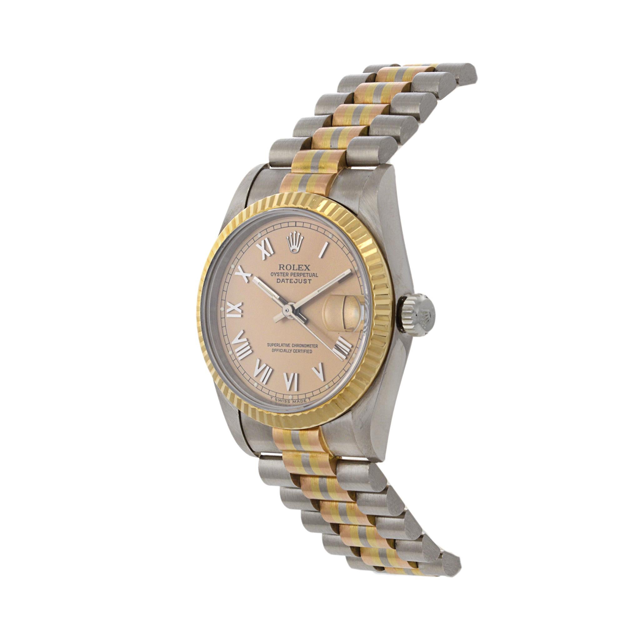 Retro Rolex Datejust 31 Tridor 18K Yellow, White, and Rose Gold For Sale