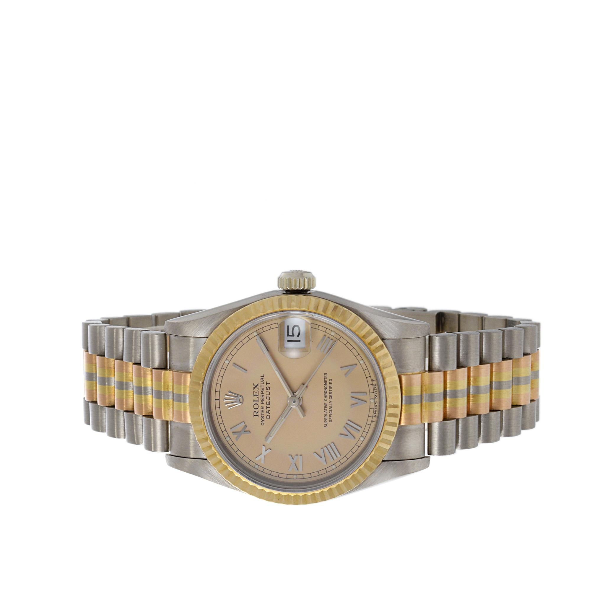 Women's or Men's Rolex Datejust 31 Tridor 18K Yellow, White, and Rose Gold For Sale