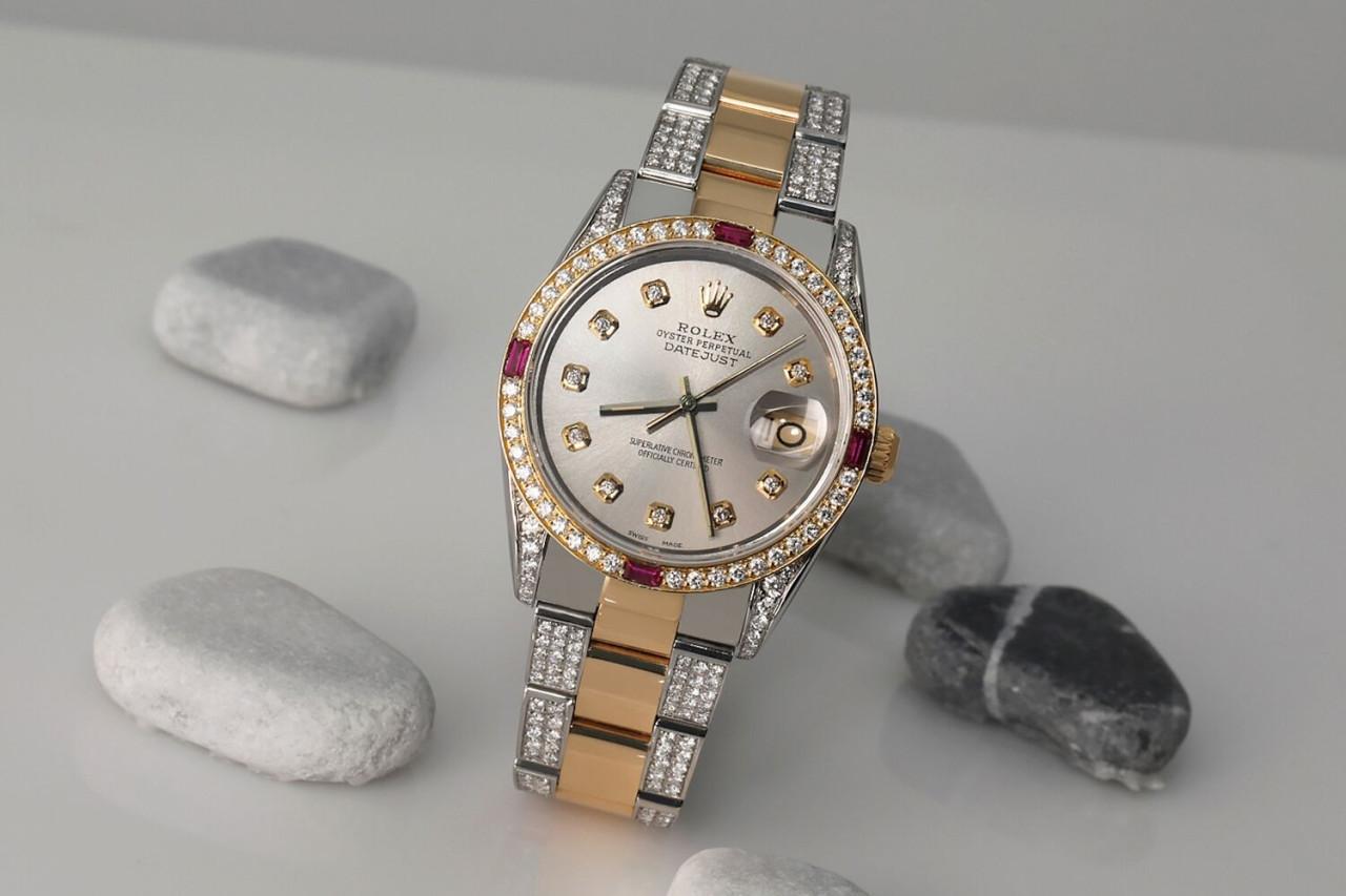 Ladies 31mm Rolex Datejust 2Tone 18K Gold and SS Silver Dial/Diamond Bezel with Rubies/Lugs and Side Oyster Band 68273
