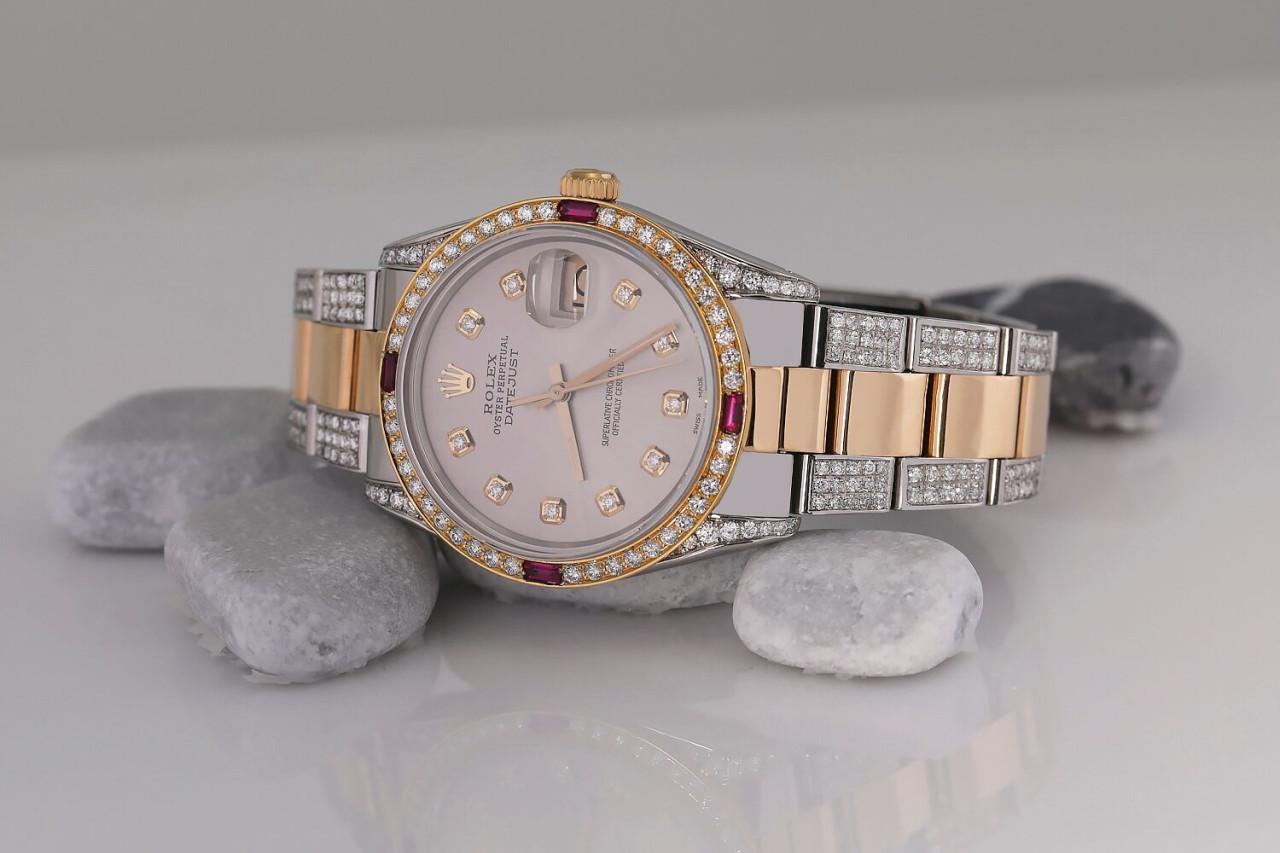 Round Cut Rolex Datejust 18K Gold and SS Silver Dial/Diamond Bezel with Rubies 68273 For Sale