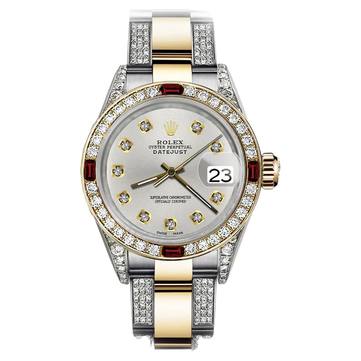 Rolex Datejust 18K Gold and SS Silver Dial/Diamond Bezel with Rubies 68273