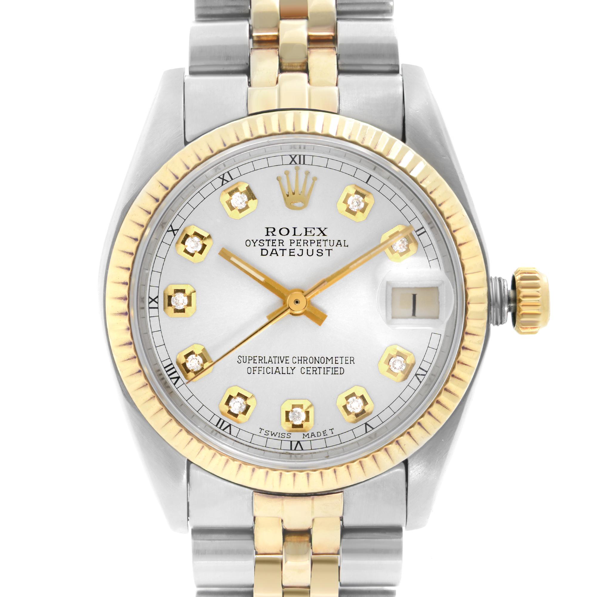 Pre Owned Rolex Oyster Perpetual Datejust Silver Dial Diamond Accent Ladies Watch 6827. The watch was produced in 1979. Custom Diamond dial. Minor glue sign underneath Rolex logo during the customization process. the bracelet has moderate slack. 