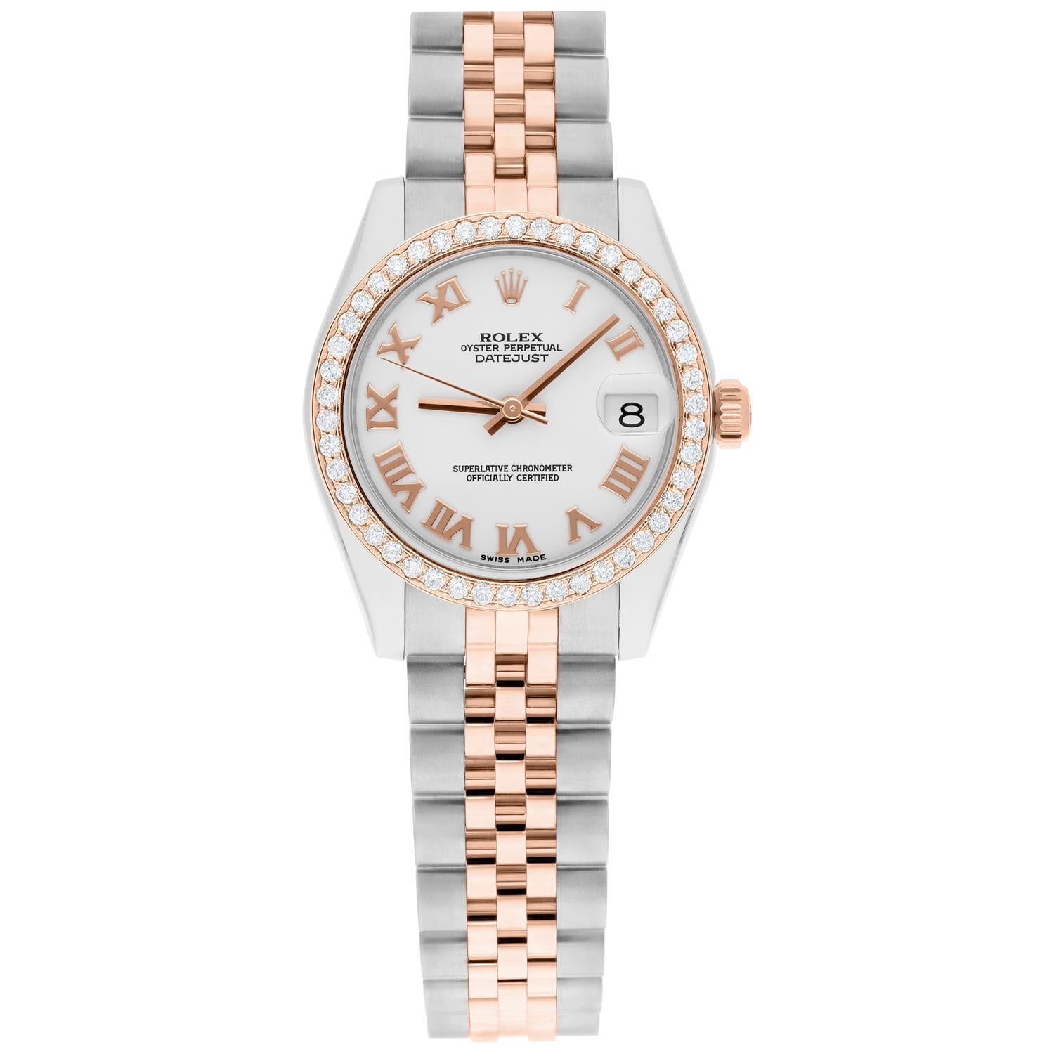 Rolex Datejust 31mm 18k Rose Gold/Steel Watch White Roman Dial Custom Diamond Bezel 178271


This watch has been professionally polished, serviced and is in excellent overall condition. Diamonds are 100% natural, bezel 18K gold plated. There are