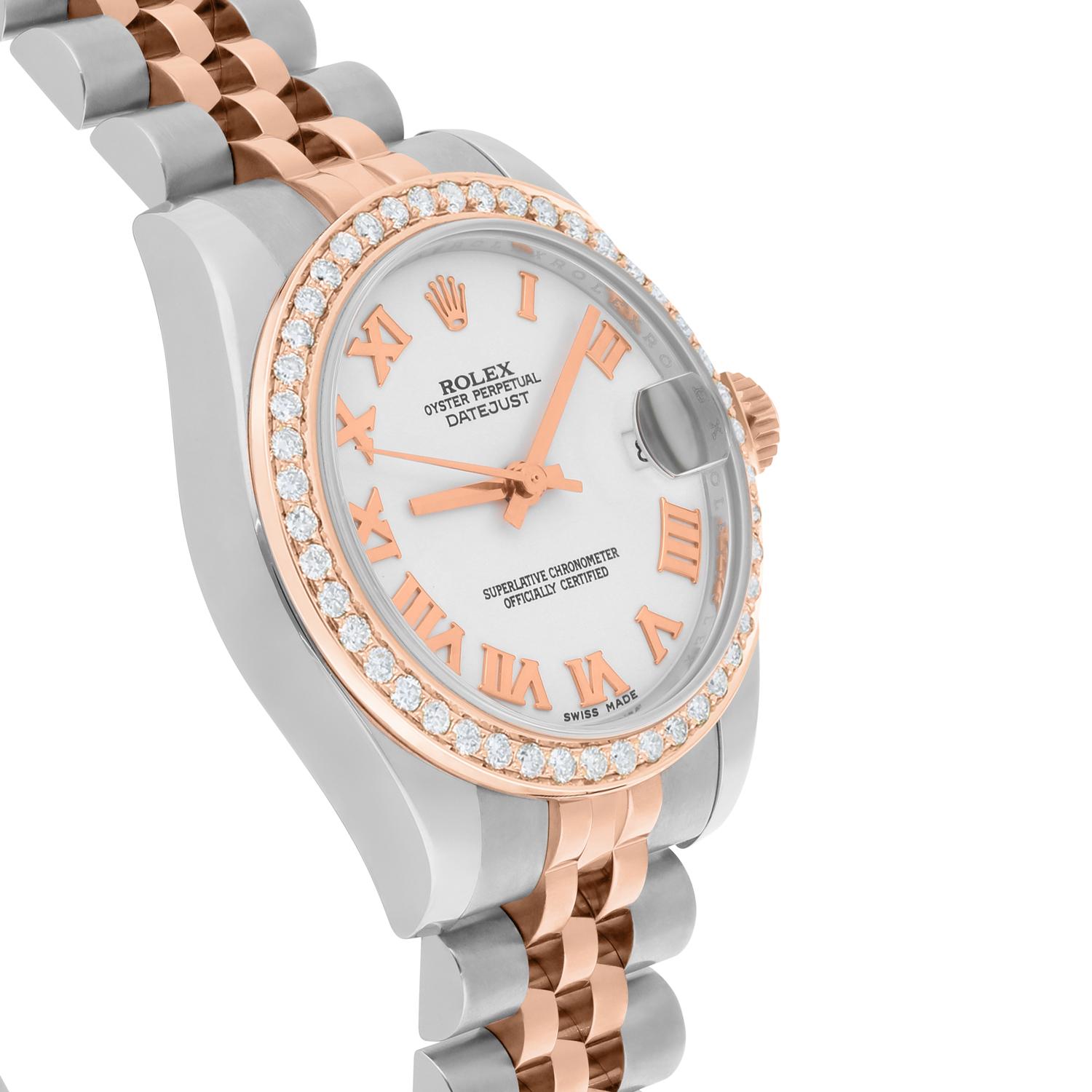 Modern Rolex Datejust 31mm 18k Rose Gold/Steel Watch White Roman Dial Diamonds 178271 For Sale