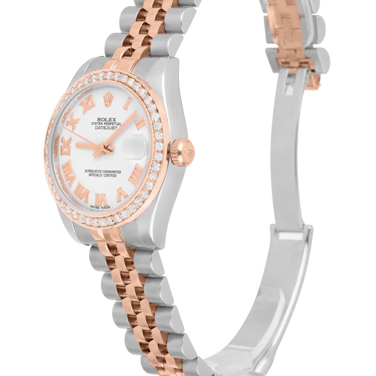 Women's Rolex Datejust 31mm 18k Rose Gold/Steel Watch White Roman Dial Diamonds 178271 For Sale