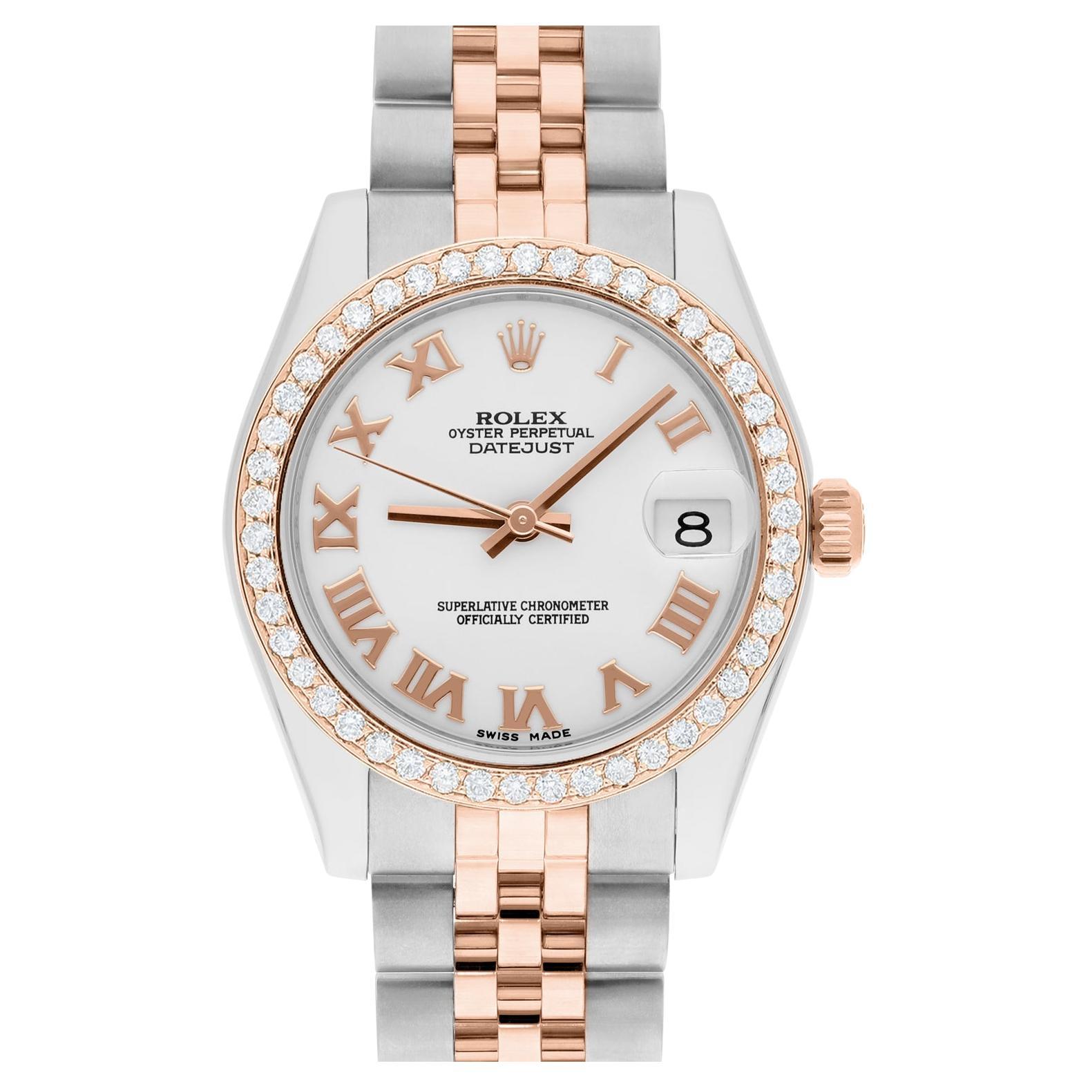 Rolex Datejust 31mm 18k Rose Gold/Steel Watch White Roman Dial Diamonds 178271 For Sale