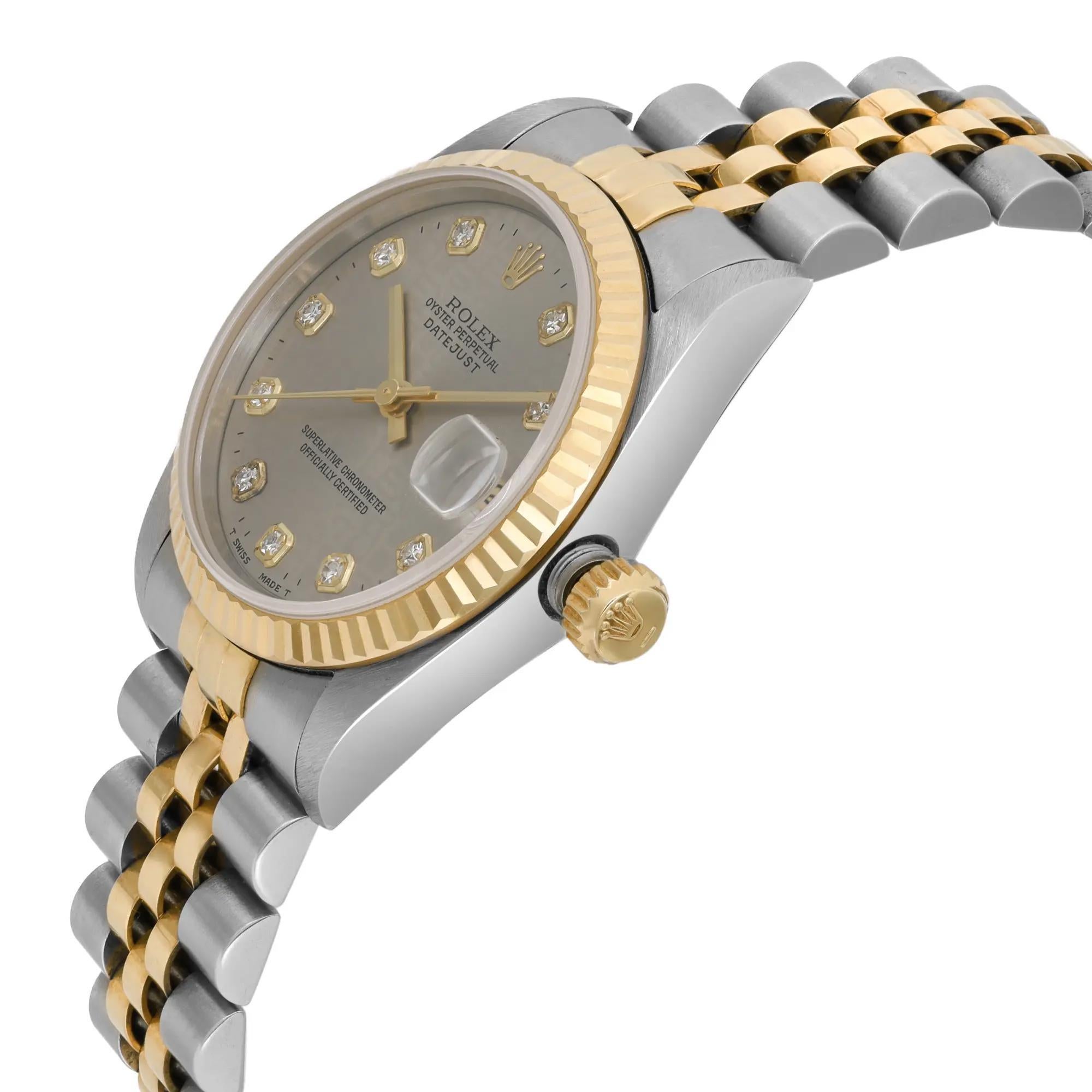 Rolex Datejust 31mm 18K Gelbgold Stahlgraue Jubiläums-Diamant-Zifferblattuhr 68273 im Zustand „Hervorragend“ im Angebot in New York, NY
