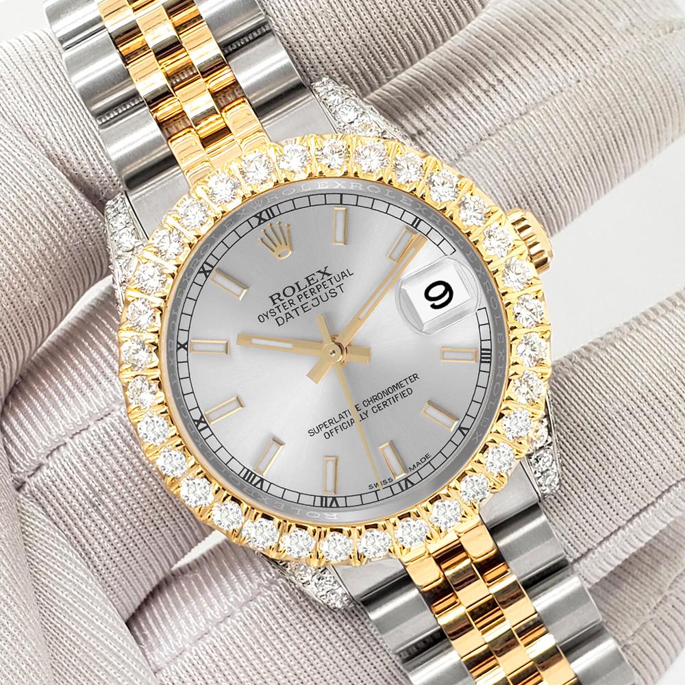 ElegantSwiss is delighted to offer you this Rolex Datejust midsize 31mm 2-Tone silver index with 4.4ct diamond bezel/case (diamonds are not set by Rolex) yellow gold and stainless steel jubilee watch, Ref 178273.

Excellent, pristine condition,