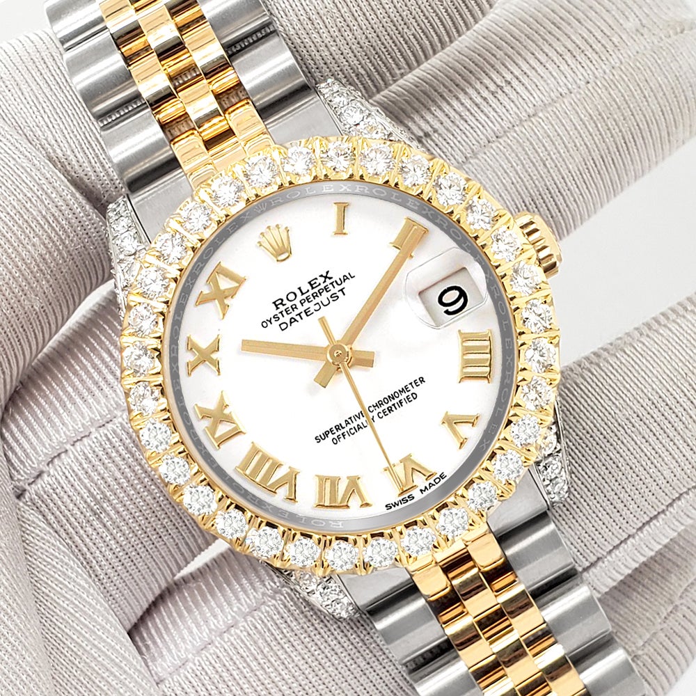 ElegantSwiss is delighted to offer you this Rolex Datejust midsize 31mm 2-Tone white roman with 4.4ct diamond bezel/case (diamonds are not set by Rolex) yellow gold and stainless steel jubilee watch, Ref 178273.

Excellent, pristine condition, works