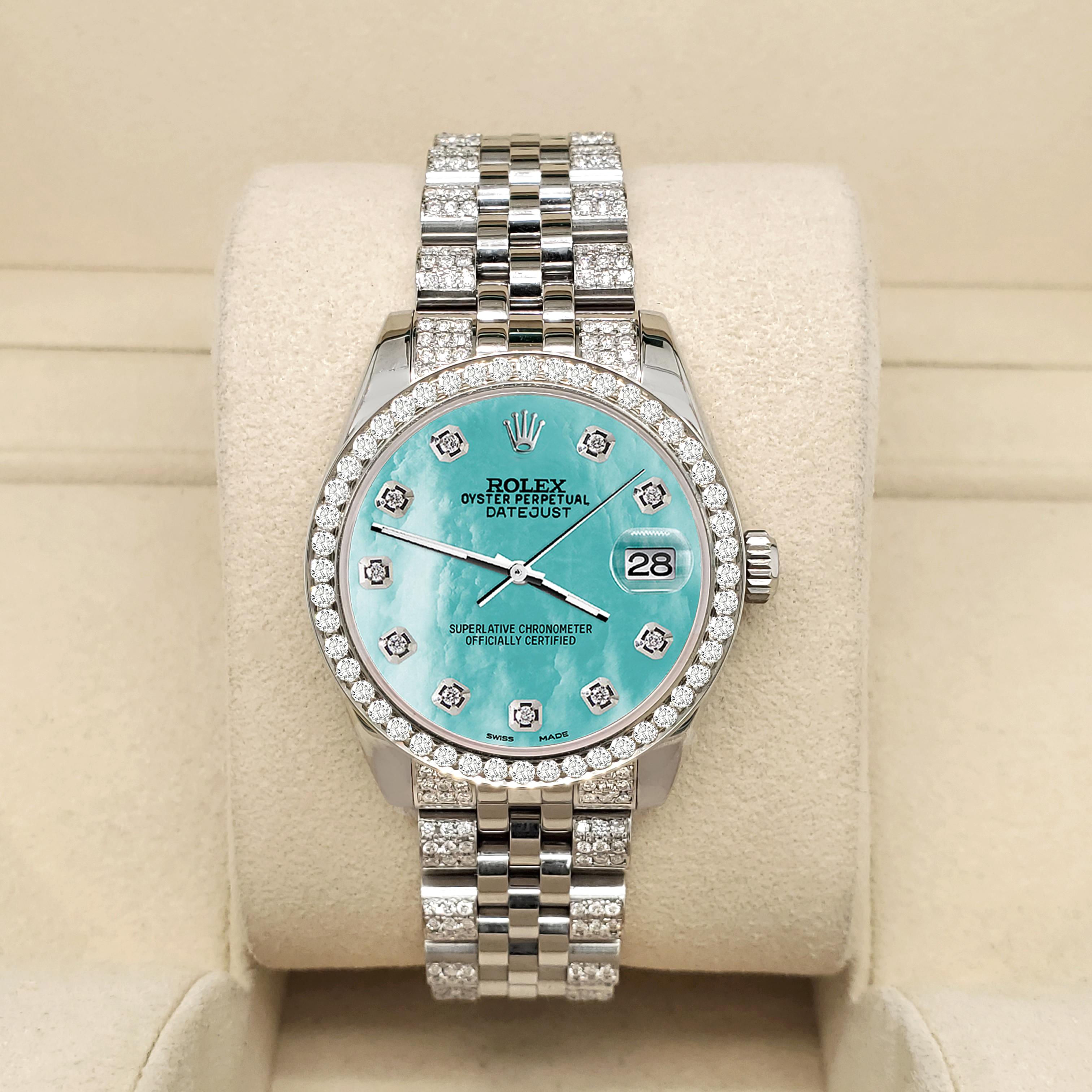 ElegantSwiss Watch Co freut sich, Ihnen diese Rolex Datejust Midsize 31mm 3.30ct Diamond Bezel/Bracelet/Aquamarine MOP Diamond Dial Stainless Steel Jubilee Watch, Ref 178240 anzubieten.

Ausgezeichneter, tadelloser Zustand, keine Gebrauchsspuren,