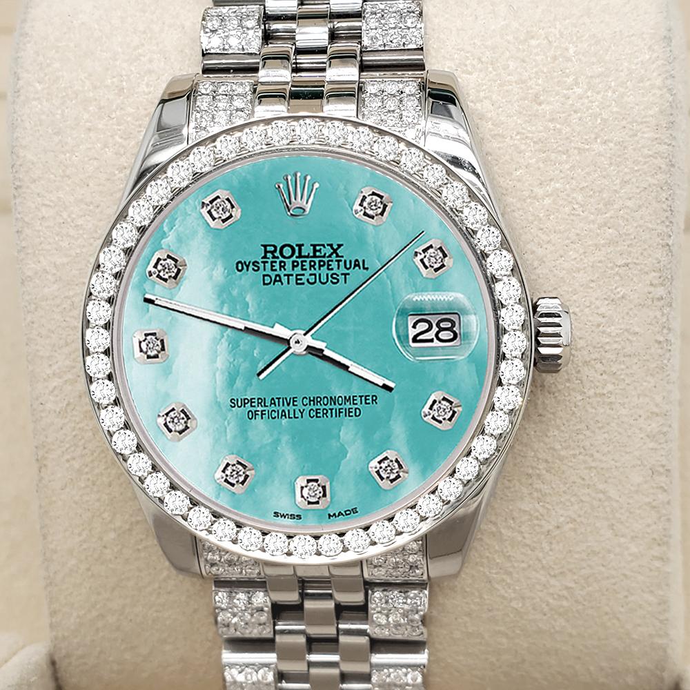 Rolex Datejust 3,30ct Diamant-Lünette/Armbanduhr/Armband/Aquamarine MOP Zifferblattuhr (Moderne) im Angebot