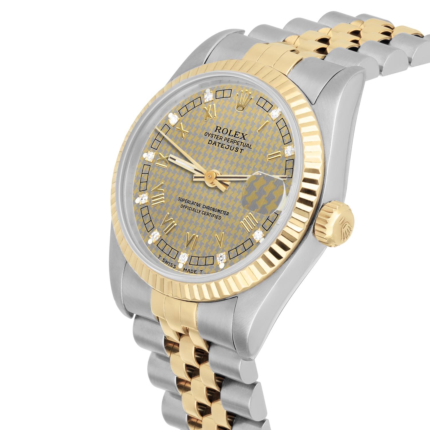 Modern Rolex Datejust 31mm 68273 Champagne Houndstooth Diamond Dial Two Tone Watch 1993 For Sale