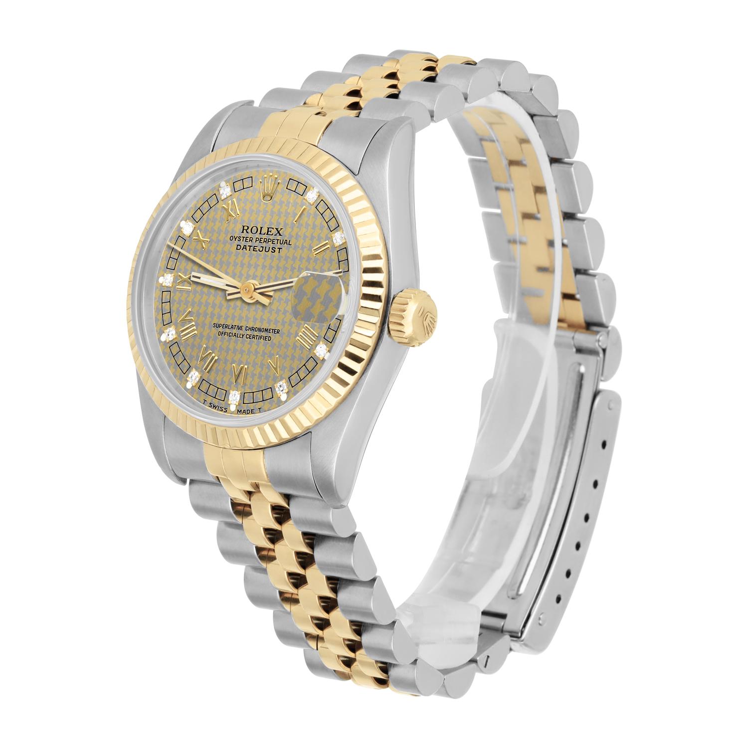 Rolex Datejust 31mm 68273 Champagne Houndstooth Diamond Dial Two Tone Watch 1993 In Excellent Condition For Sale In New York, NY