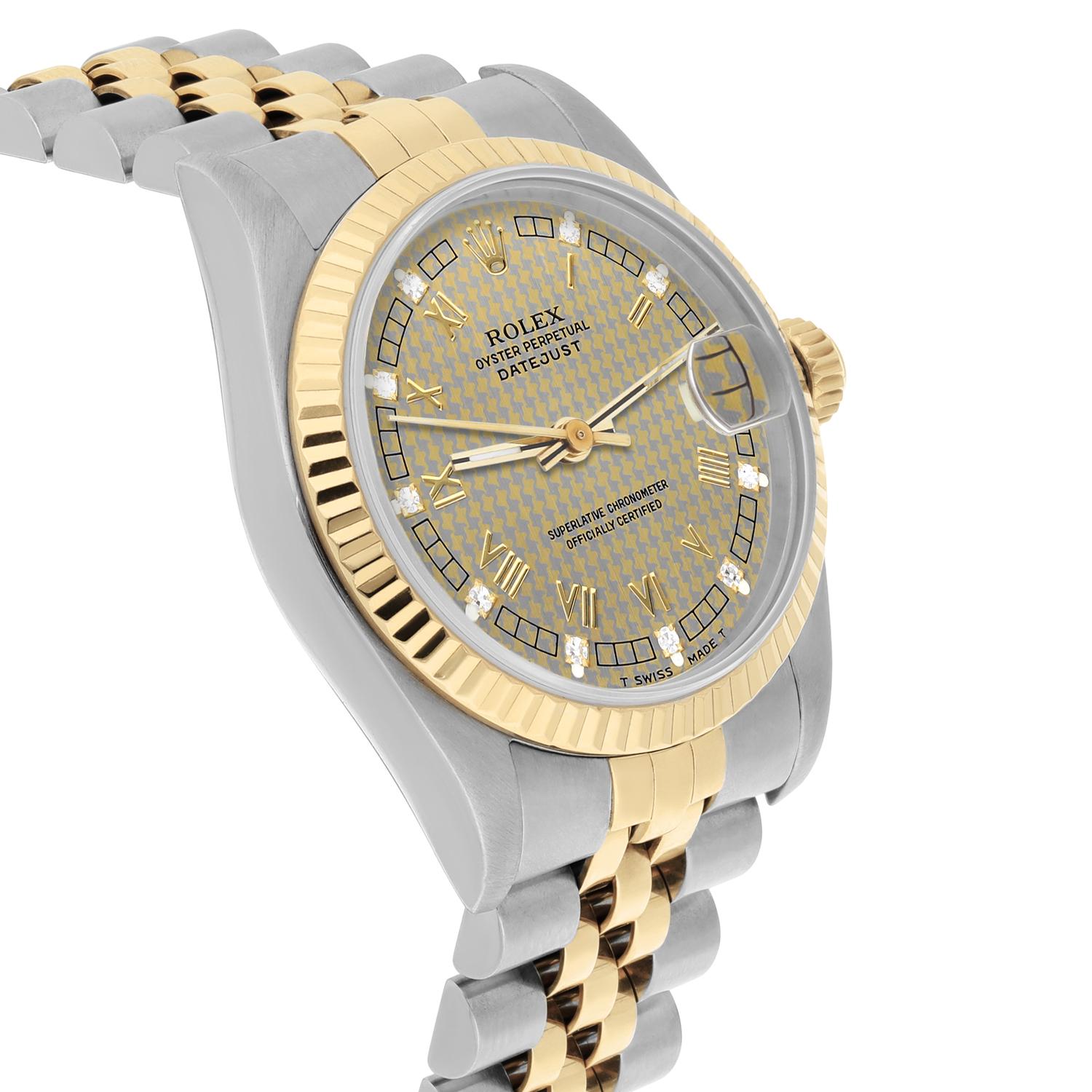 Women's or Men's Rolex Datejust 31mm 68273 Champagne Houndstooth Diamond Dial Two Tone Watch 1993 For Sale