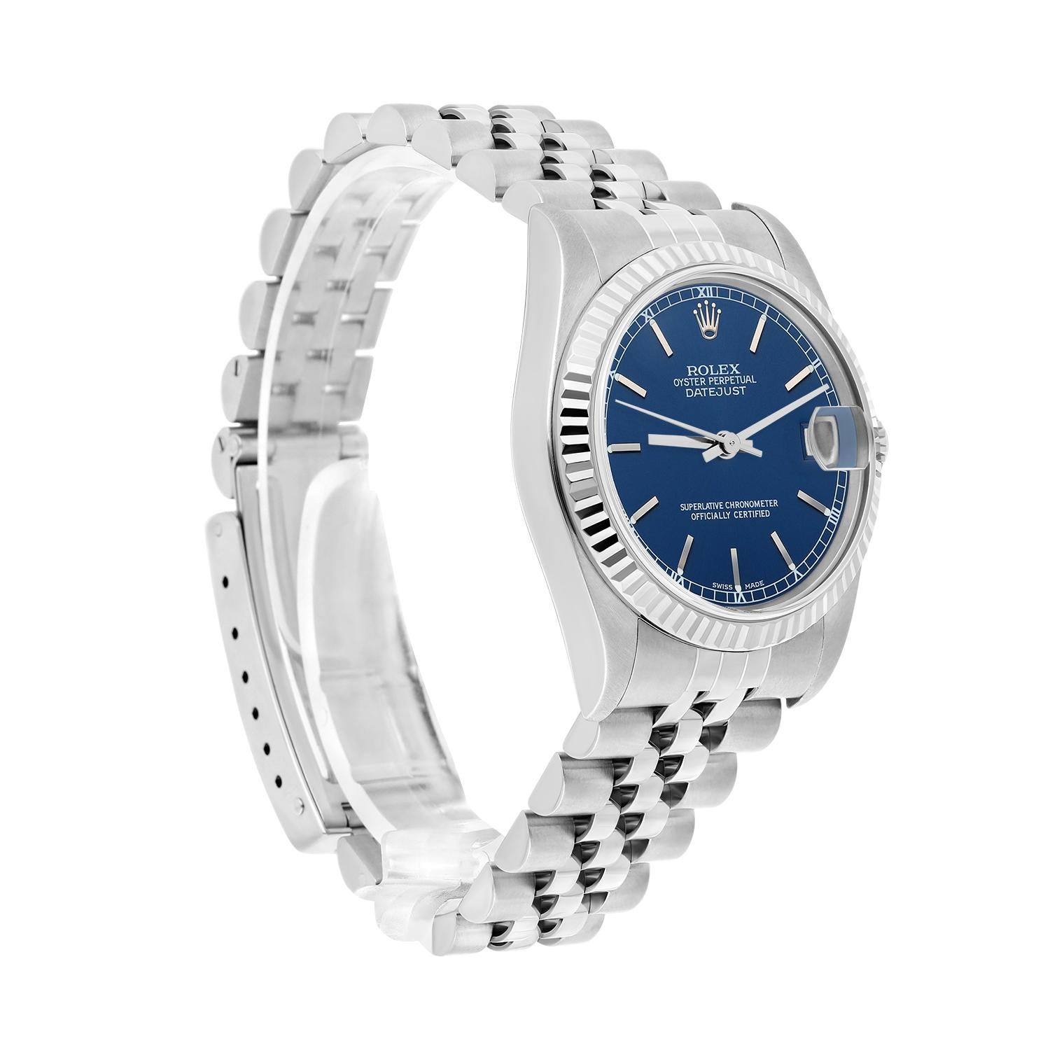 Modern Rolex Datejust 31mm 68274 Blue Index Stainless Steel Watch W/G Bezel Circa 1997 For Sale