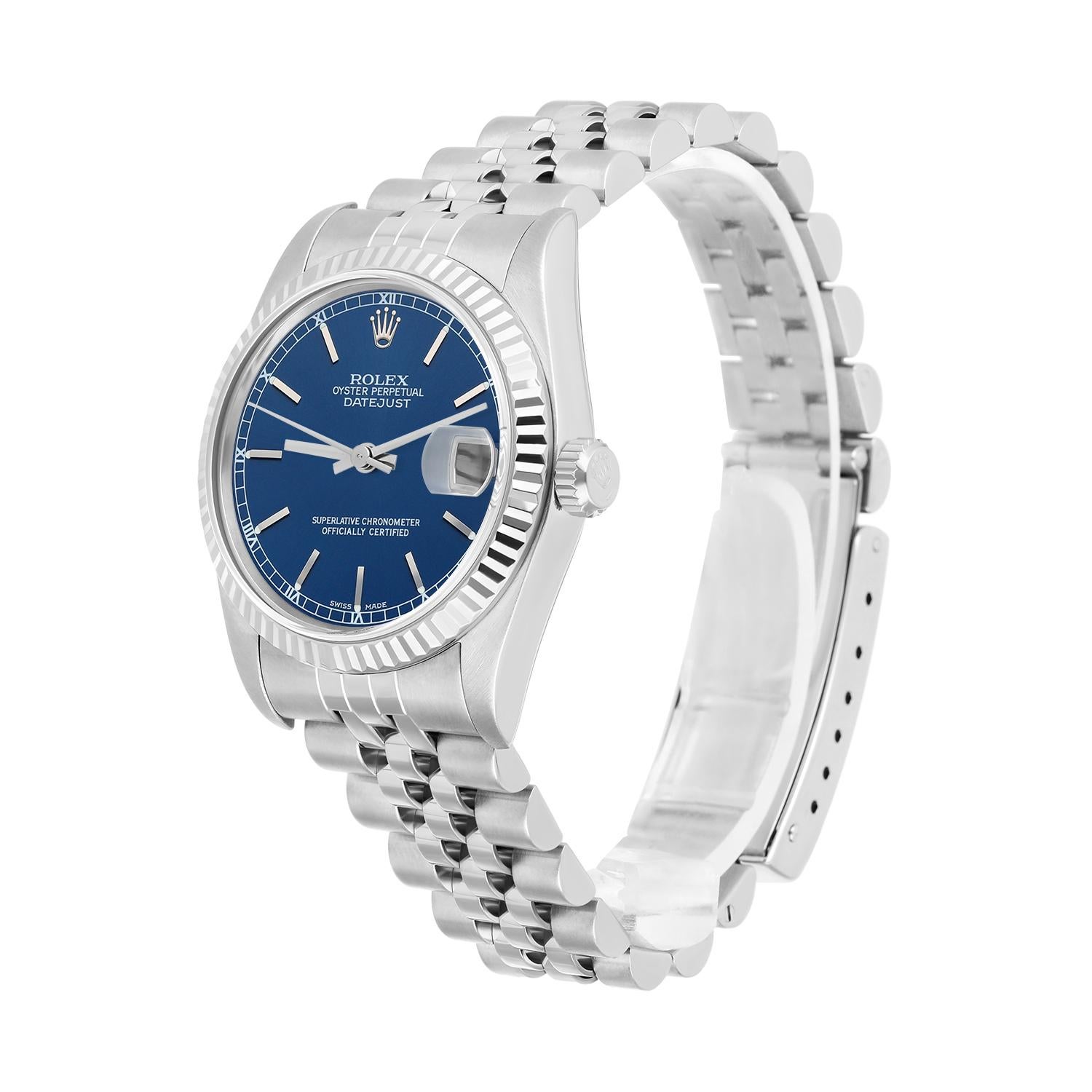 Women's Rolex Datejust 31mm 68274 Blue Index Stainless Steel Watch W/G Bezel Circa 1997 For Sale